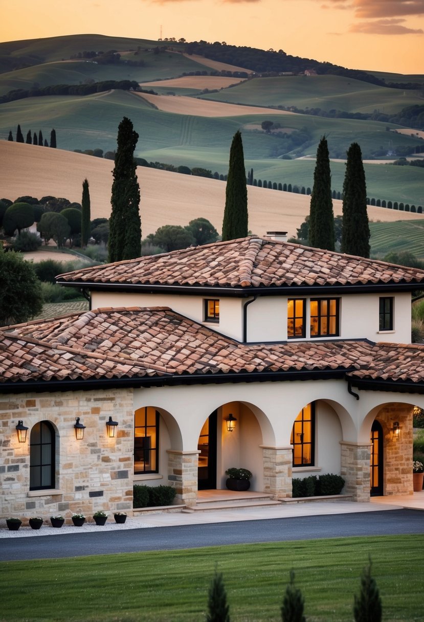 A classic Tuscan house with modern touches, featuring terracotta roof tiles, stone walls, and arched windows set against a backdrop of rolling hills and cypress trees