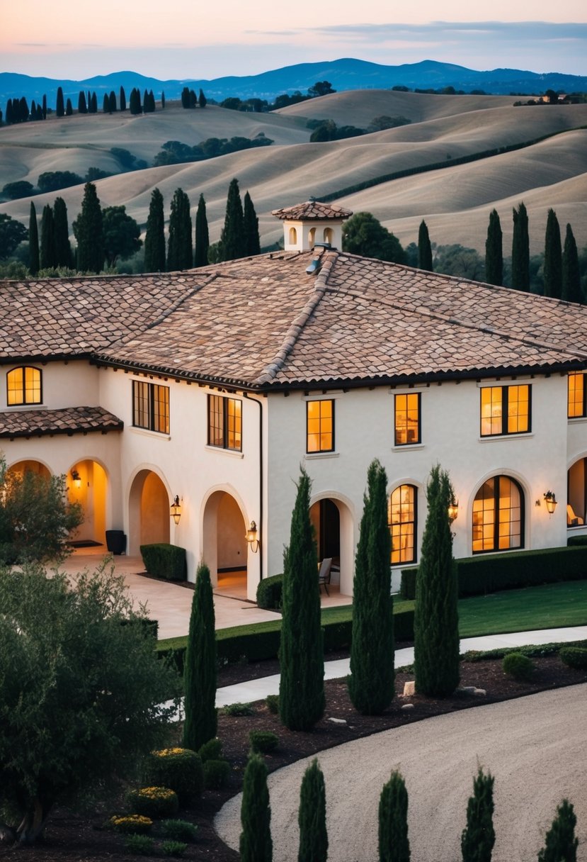 A sprawling Tuscan-style house with terracotta roof tiles, stucco walls, and arched windows, set against a backdrop of rolling hills and cypress trees