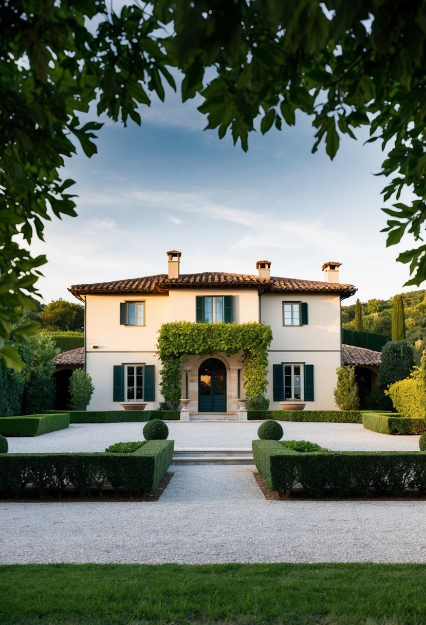A charming Tuscan villa surrounded by lush greenery, with classic exteriors updated with modern touches