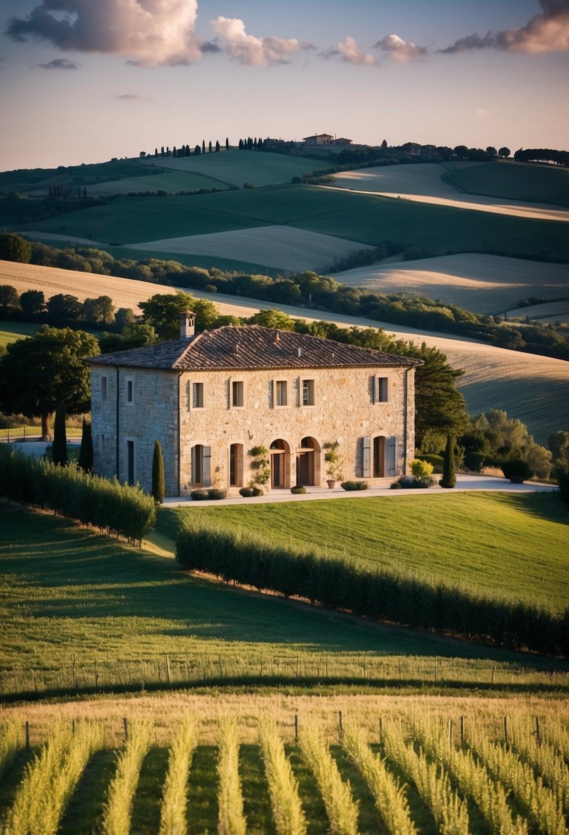 A beautiful stone house nestled in the rolling hills of the Tuscan countryside, with classic exteriors featuring a modern touch