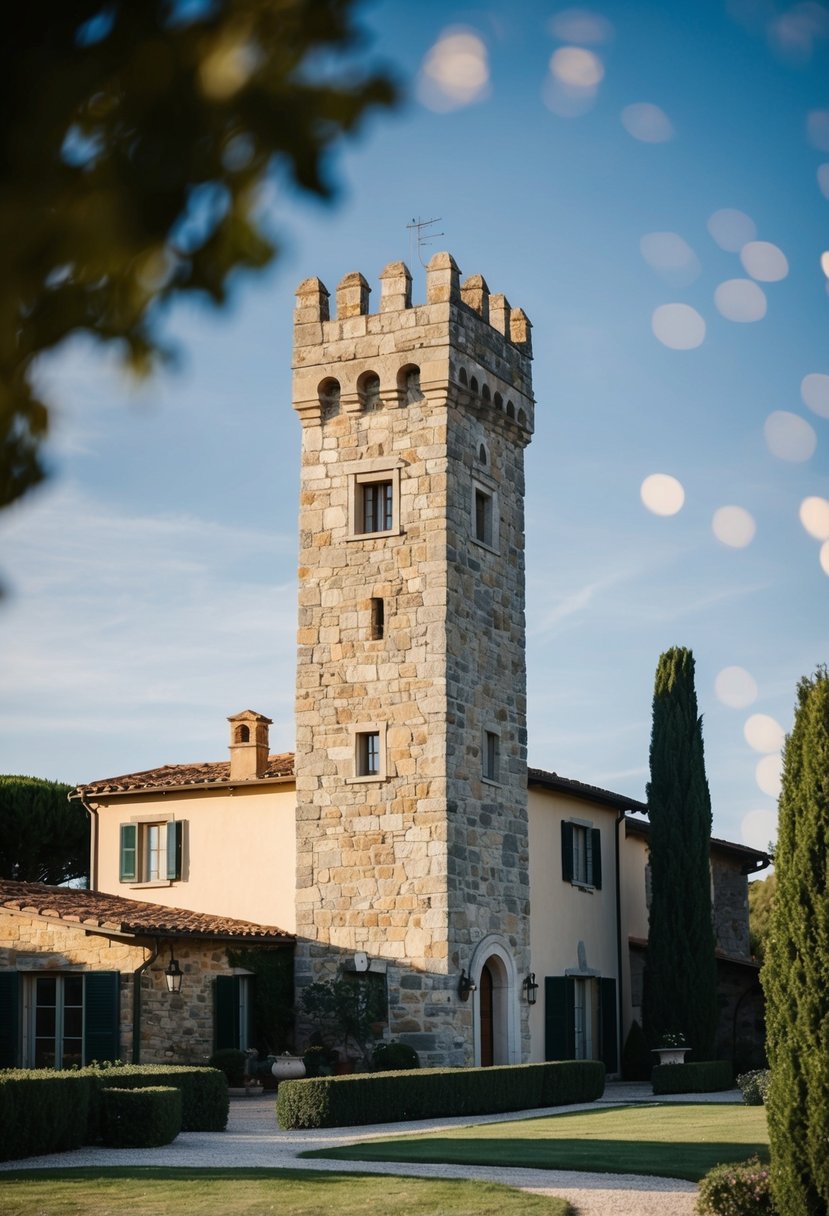 A stone tower rises from a classic Tuscan house, surrounded by rustic charm with a modern touch