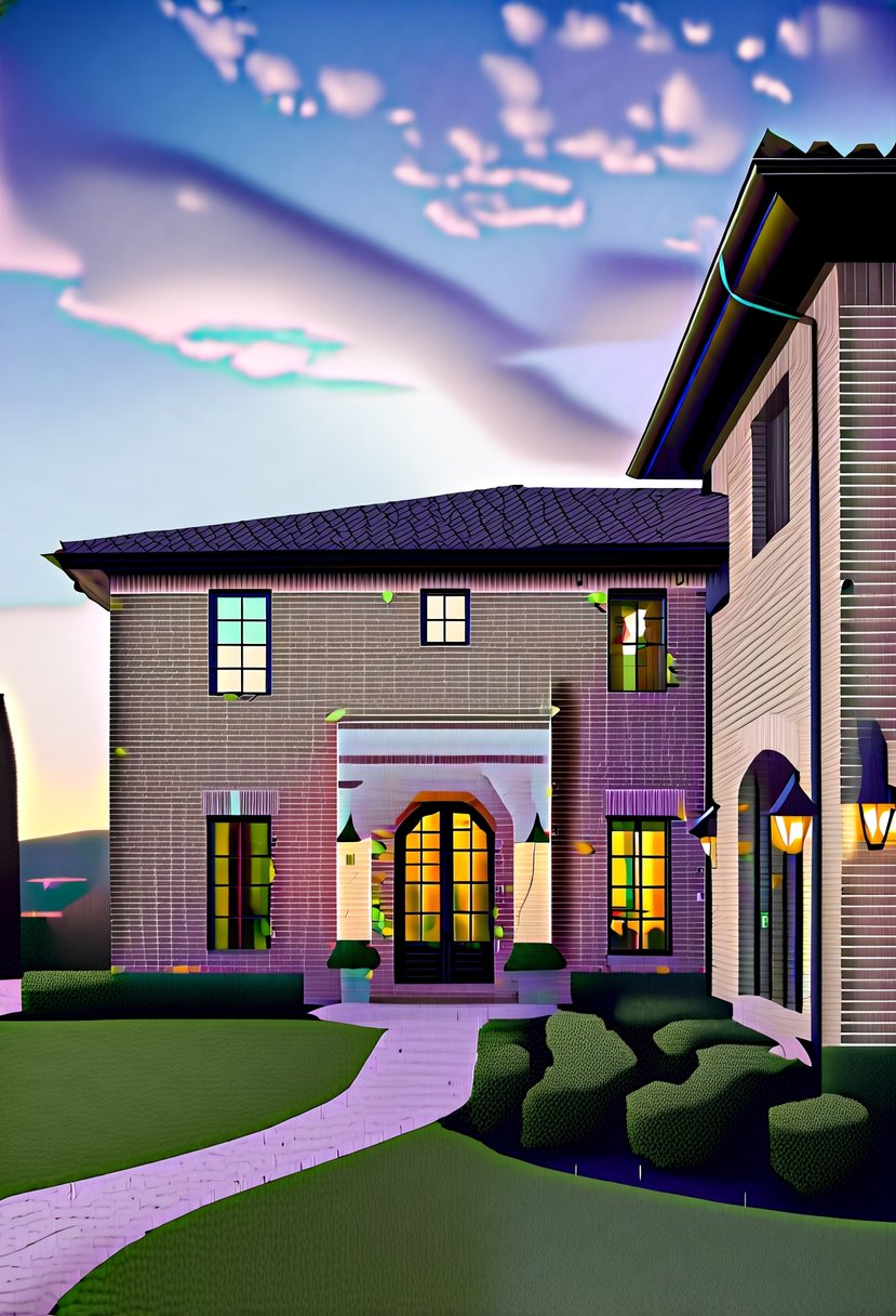 A classic Tuscan house with brickwork and metal roofing, featuring modern touches in the exterior design