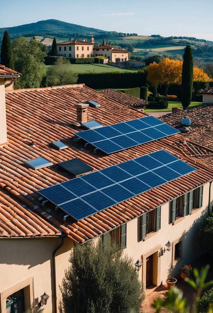 A classic Tuscan house with terracotta roof tiles and solar panels, blending traditional architecture with modern sustainability