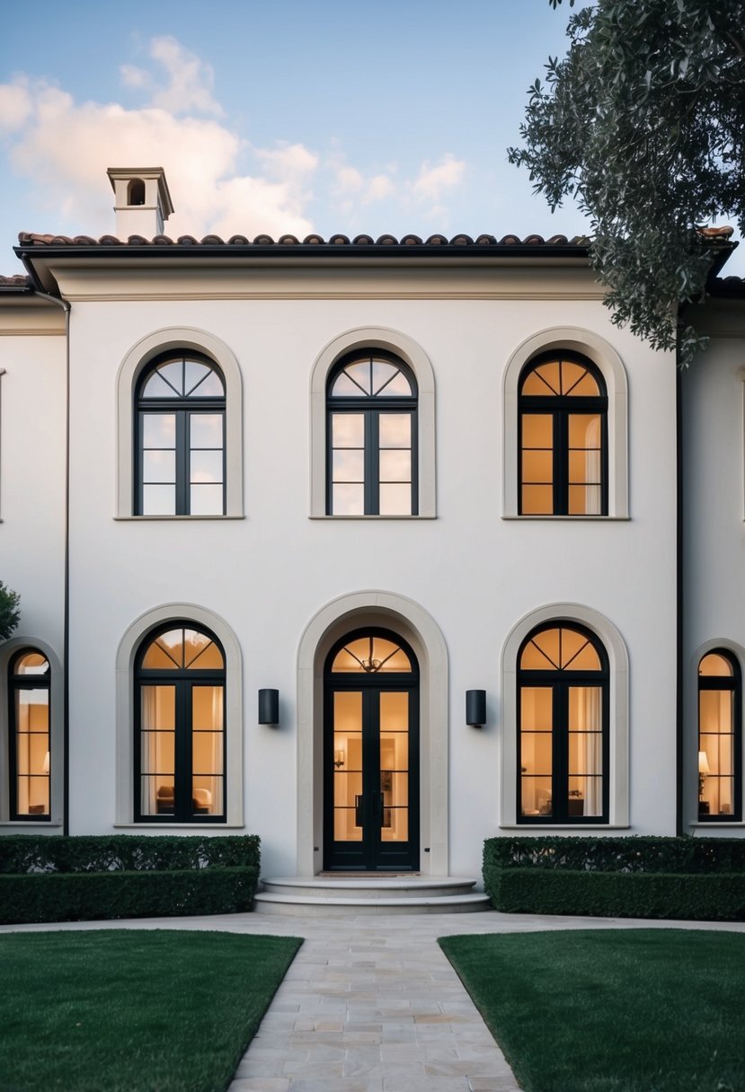 An elegant Tuscan house exterior featuring arched windows with minimalist frames, blending classic architecture with a modern touch