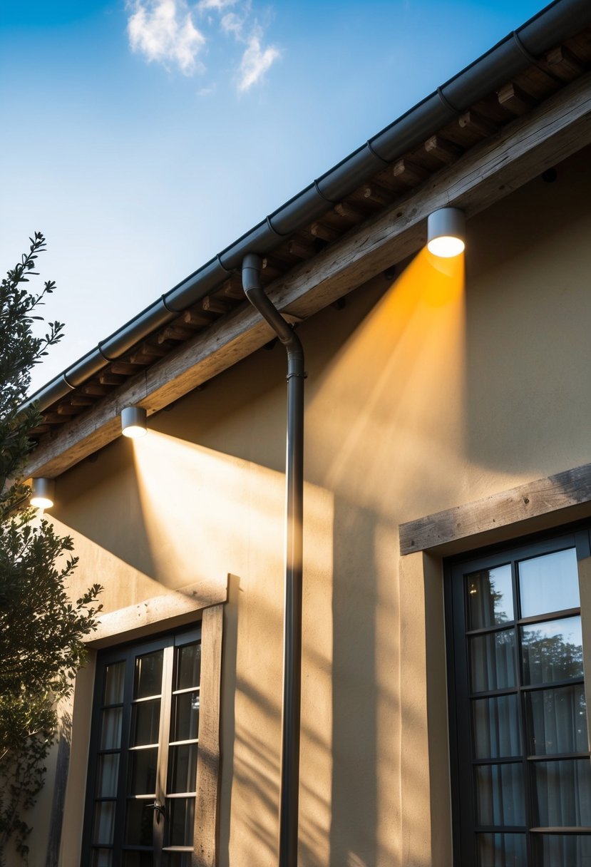 Sunlight streams through modern lighting fixtures onto weathered wooden beams in a classic Tuscan house exterior with a modern touch