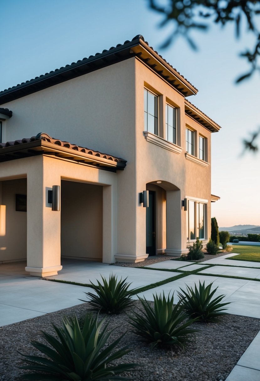 A Tuscan house with stucco walls and contemporary trim, set against a modern landscape with clean lines and minimalistic design