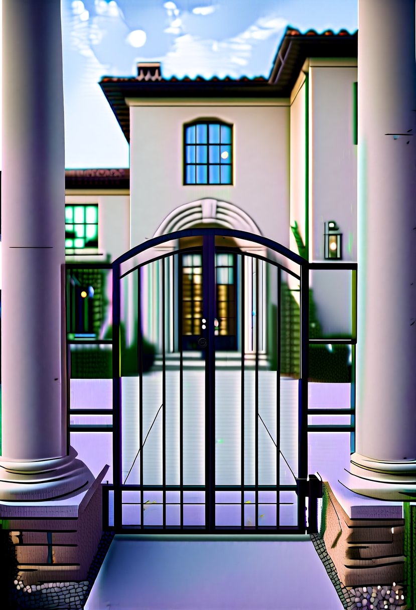 A modern iron gate stands between classic stone columns in front of a Tuscan house with a modern touch