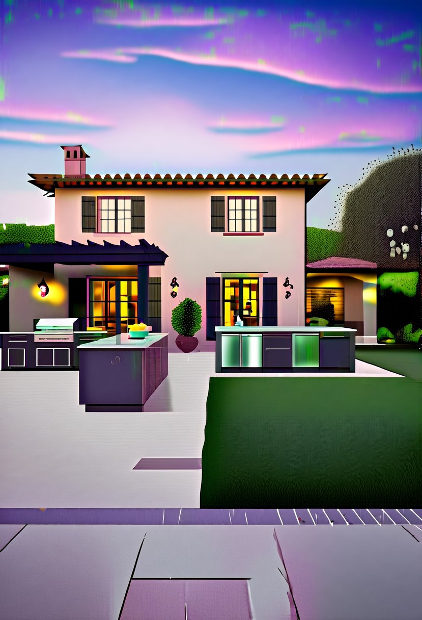 A classic Tuscan house with a modern touch, featuring an outdoor kitchen equipped with modern appliances