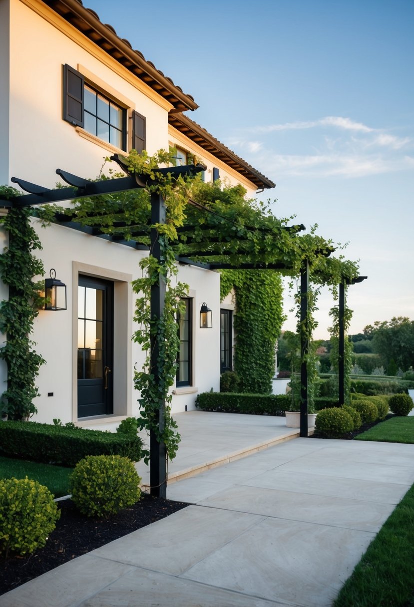 A classic Tuscan house exterior with modern touches, featuring vine-covered trellises and clean lines