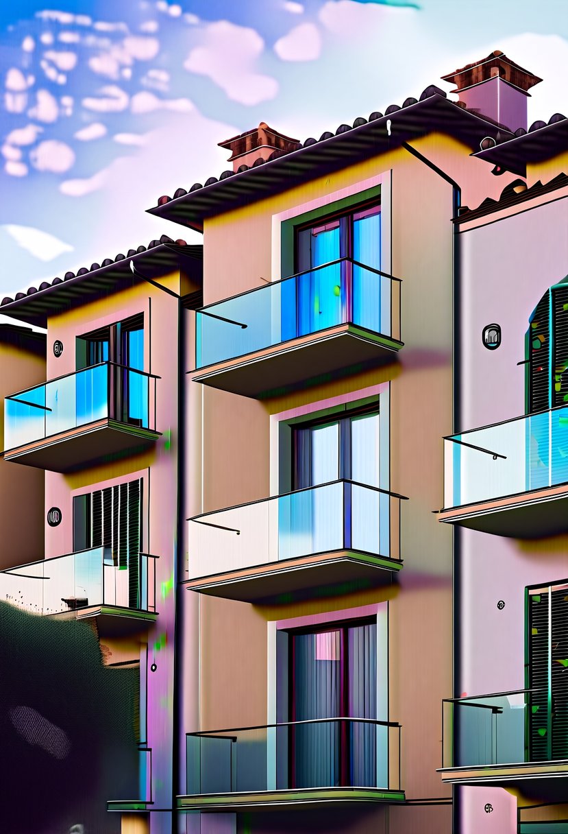 A row of Tuscan houses with glass-railed balconies, blending traditional architecture with modern touches