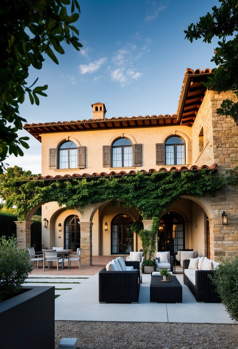 A Tuscan villa with terracotta roof tiles, arched windows, and a stone facade, surrounded by lush greenery and a modern outdoor seating area