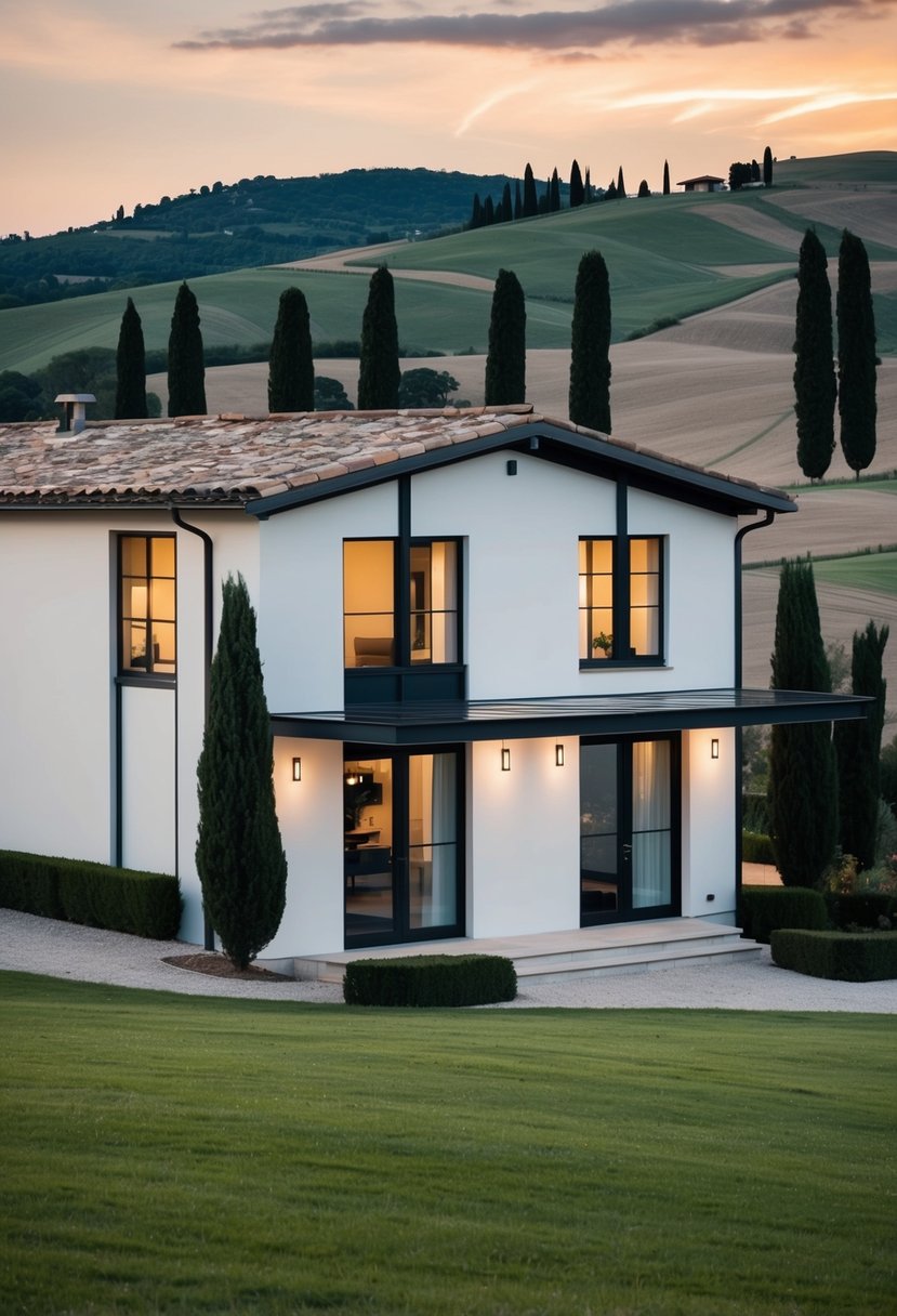A classic Tuscan house with modern elements: sleek metal accents, clean lines, and large windows, set against the rolling hills and cypress trees of the Italian countryside