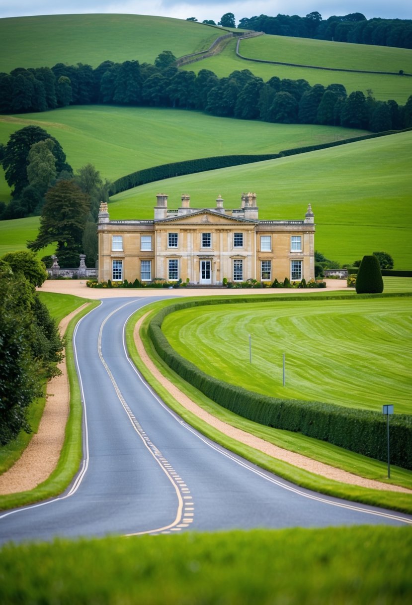 British Country Houses: A Glimpse into Architectural Heritage and Lifestyle 1 A grand British country house surrounded by rolling green hills and a winding driveway