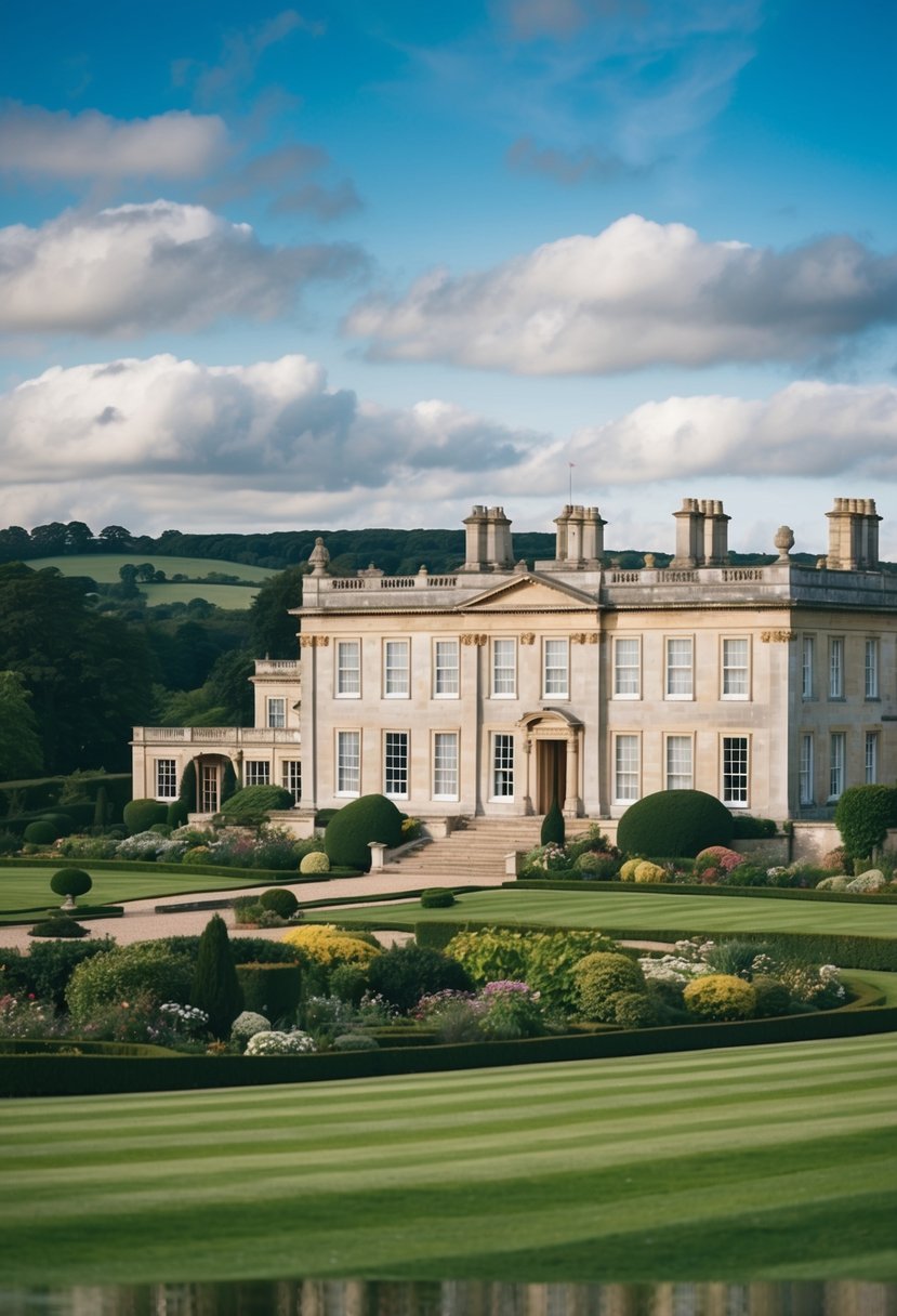 British Country Houses: A Glimpse into Architectural Heritage and Lifestyle 4 A grand British country estate with a stone facade, surrounded by lush gardens and rolling hills