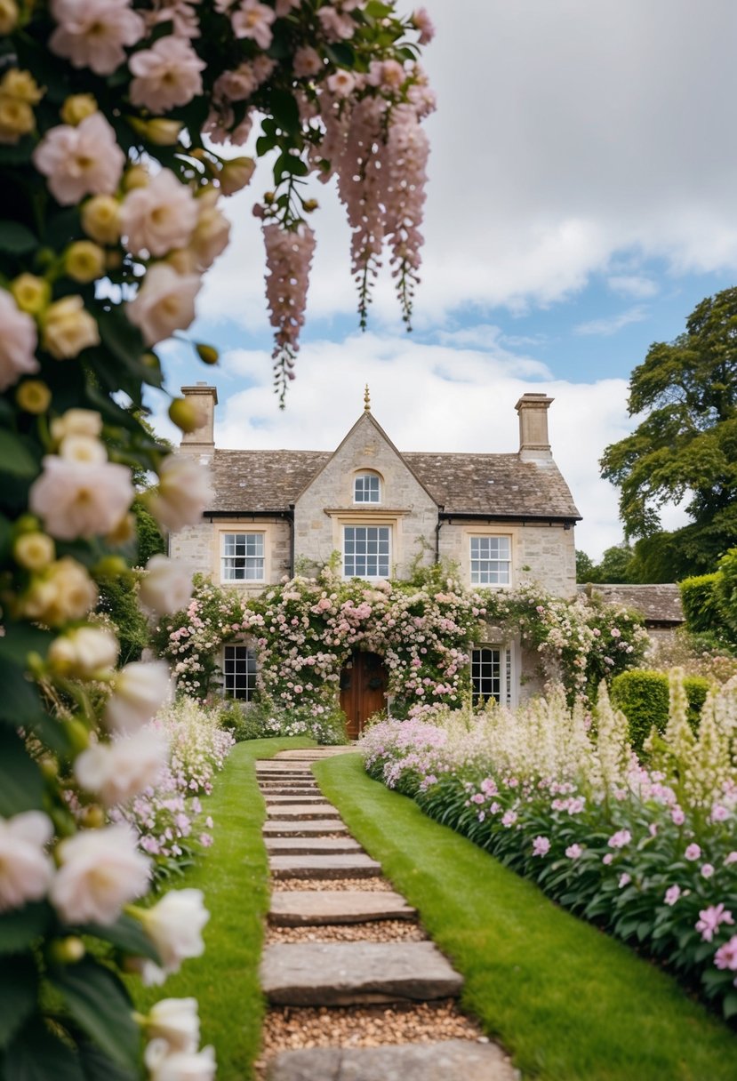 British Country Houses: A Glimpse into Architectural Heritage and Lifestyle 6 A stone dreamscape with cascading blooms surrounding a British country house