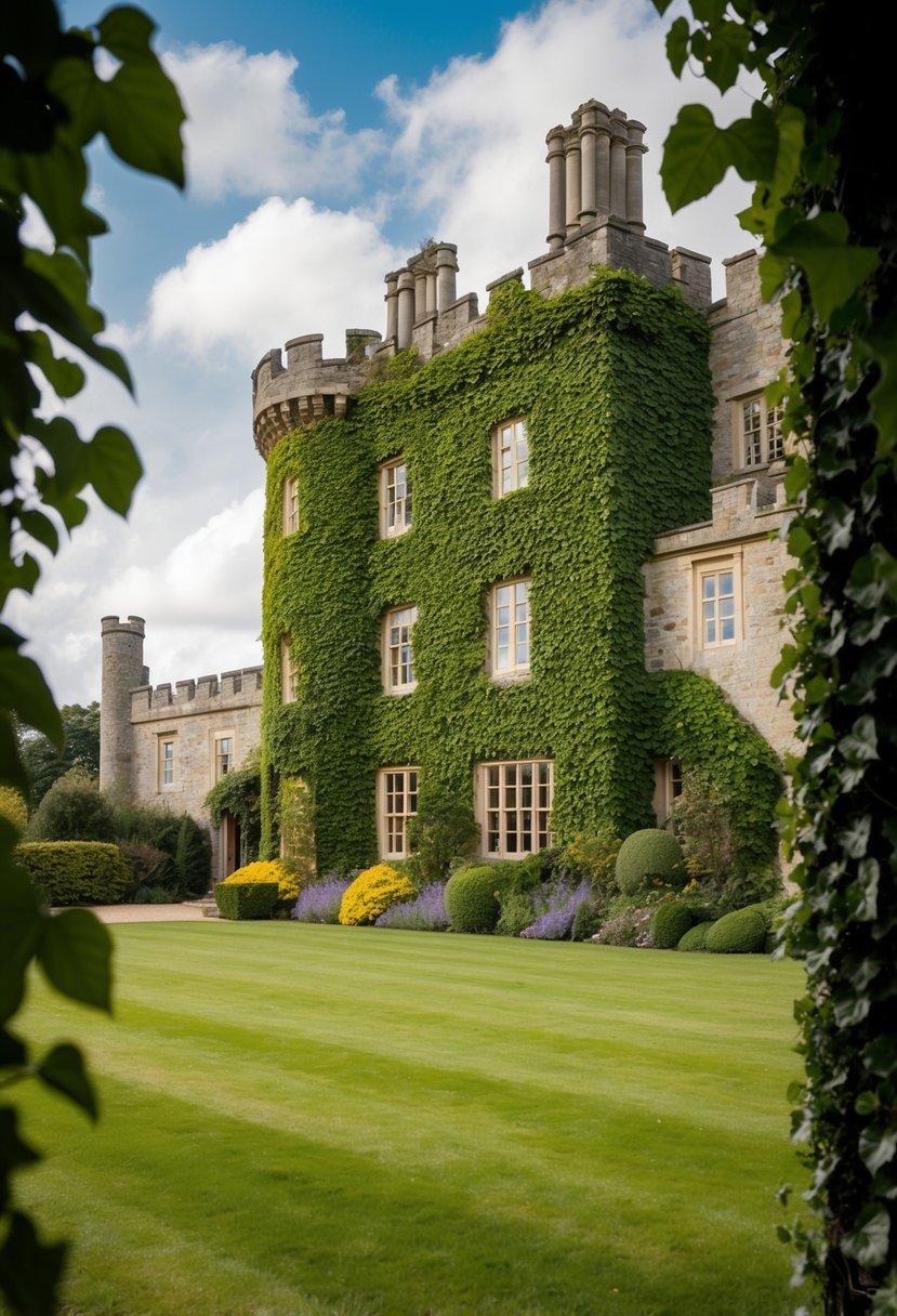 British Country Houses: A Glimpse into Architectural Heritage and Lifestyle 9 A stone castle covered in ivy, nestled in the British countryside, exuding whimsical charm and old-world glee