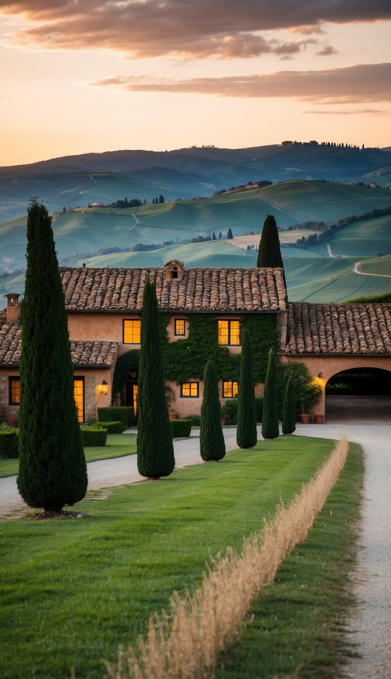 A rustic Italian house with terracotta roof, vine-covered walls, and a cypress-lined driveway nestled in the rolling hills of Tuscany