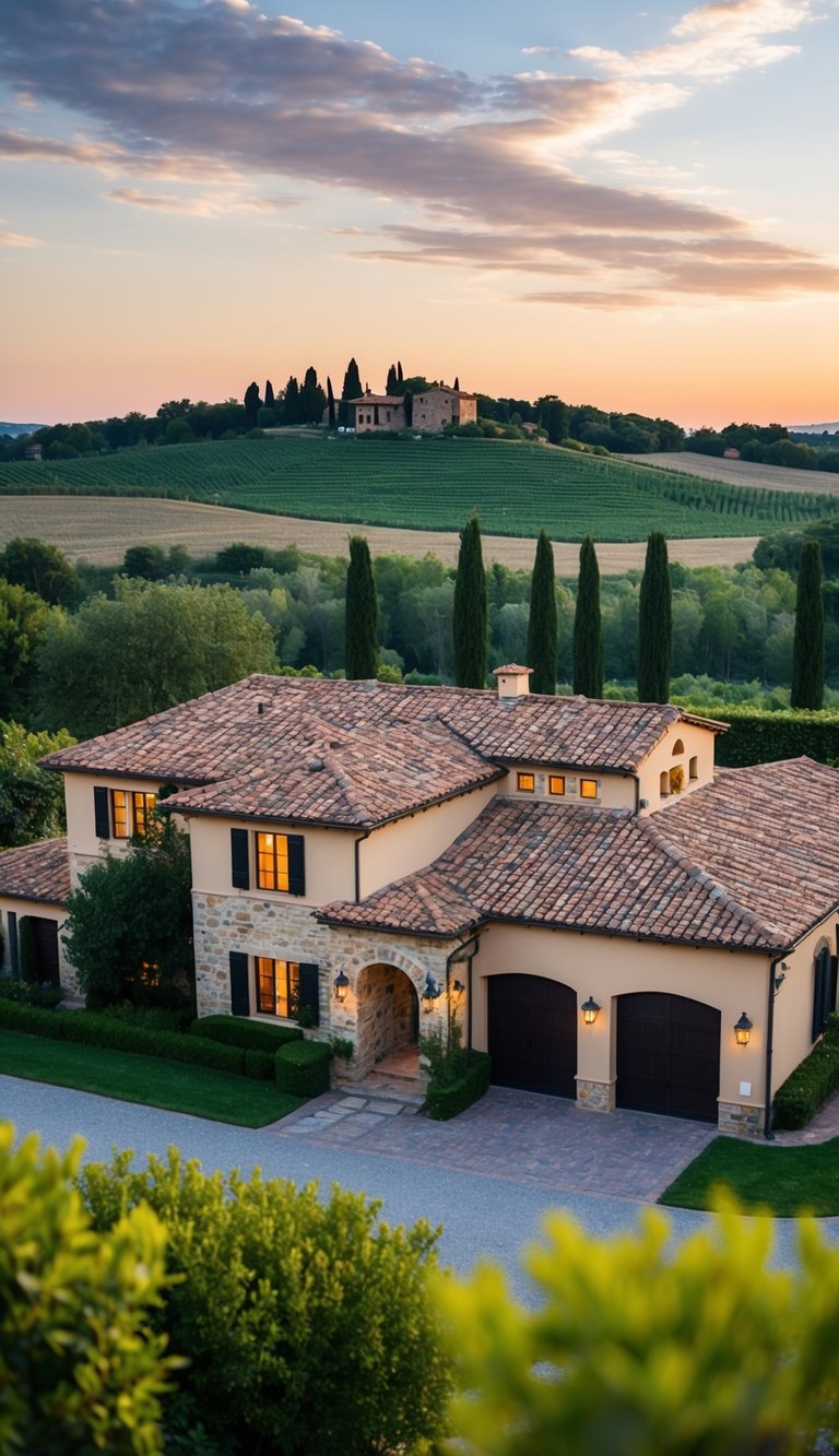 A Tuscan-style Italian house with terracotta roof, stone walls, and lush greenery in the surrounding landscape