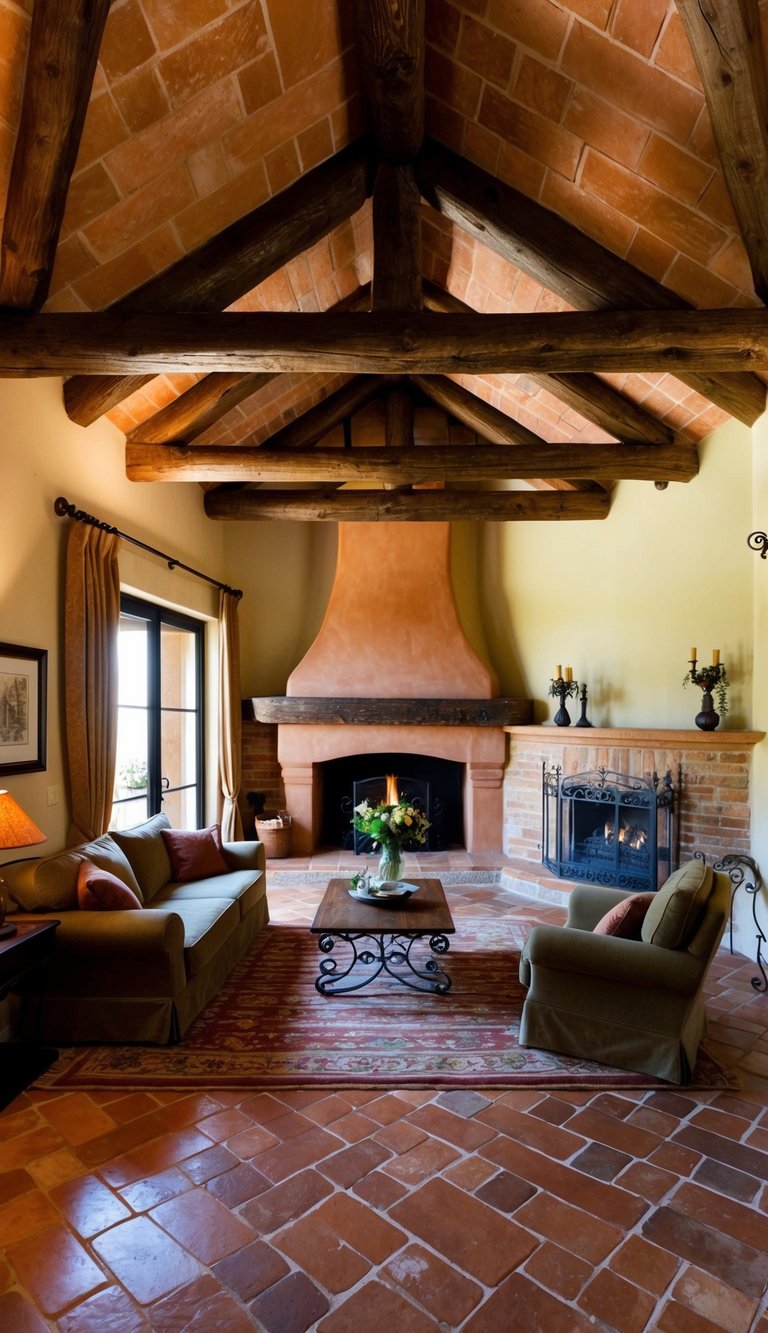 A cozy living room with rustic wooden beams, terracotta floors, and wrought iron accents. A large fireplace and earthy color palette complete the Tuscan style