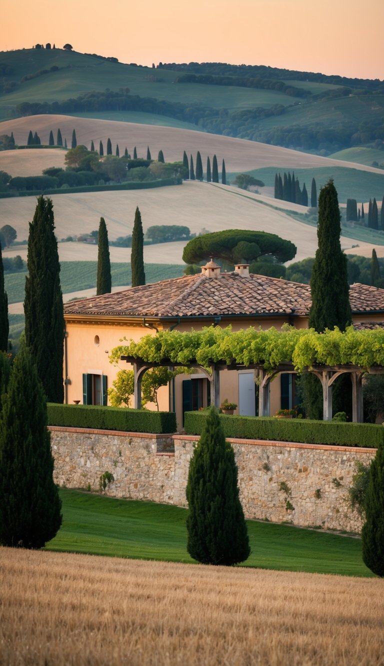 An Italian villa with terracotta roof, vine-covered pergola, and rustic stone walls surrounded by rolling hills and cypress trees