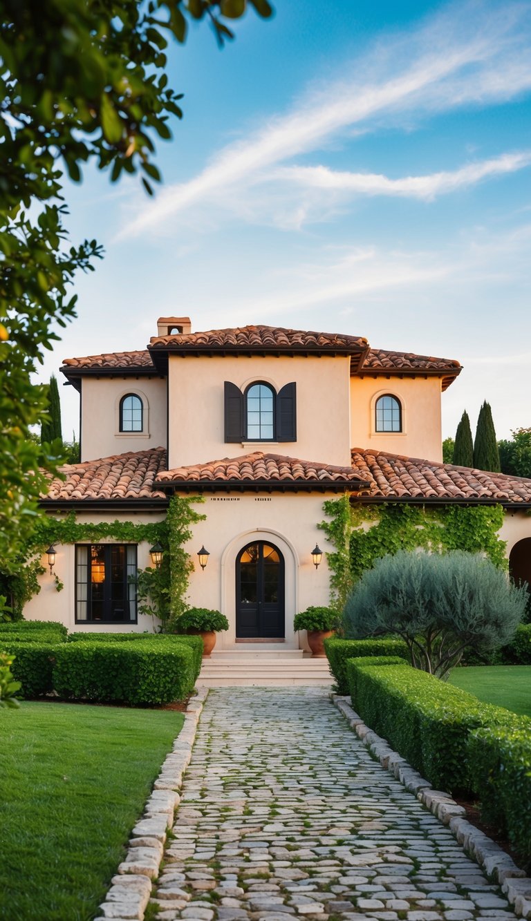 A Mediterranean villa with terracotta roof, stucco walls, and arched windows surrounded by lush greenery and a cobblestone pathway