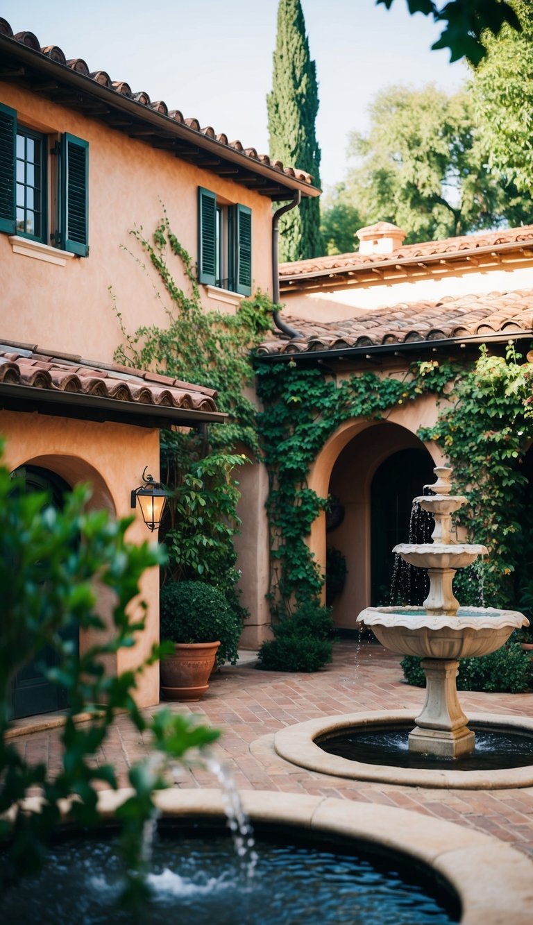 A charming Italian-style home with terracotta roof, vine-covered walls, and a rustic courtyard with a fountain