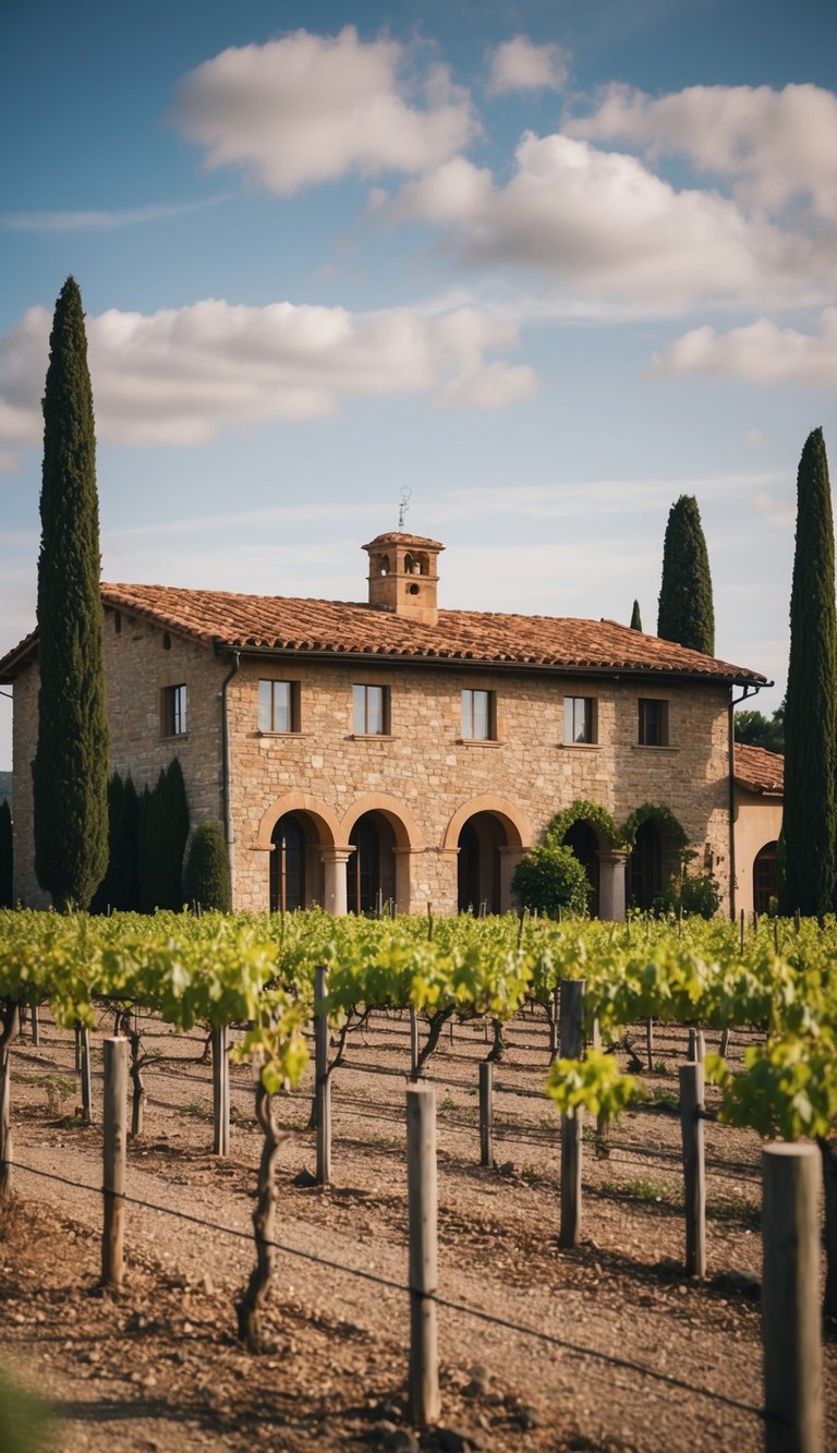 A Tuscan-style house with terracotta roof, stone walls, and arched windows surrounded by vineyards and cypress trees