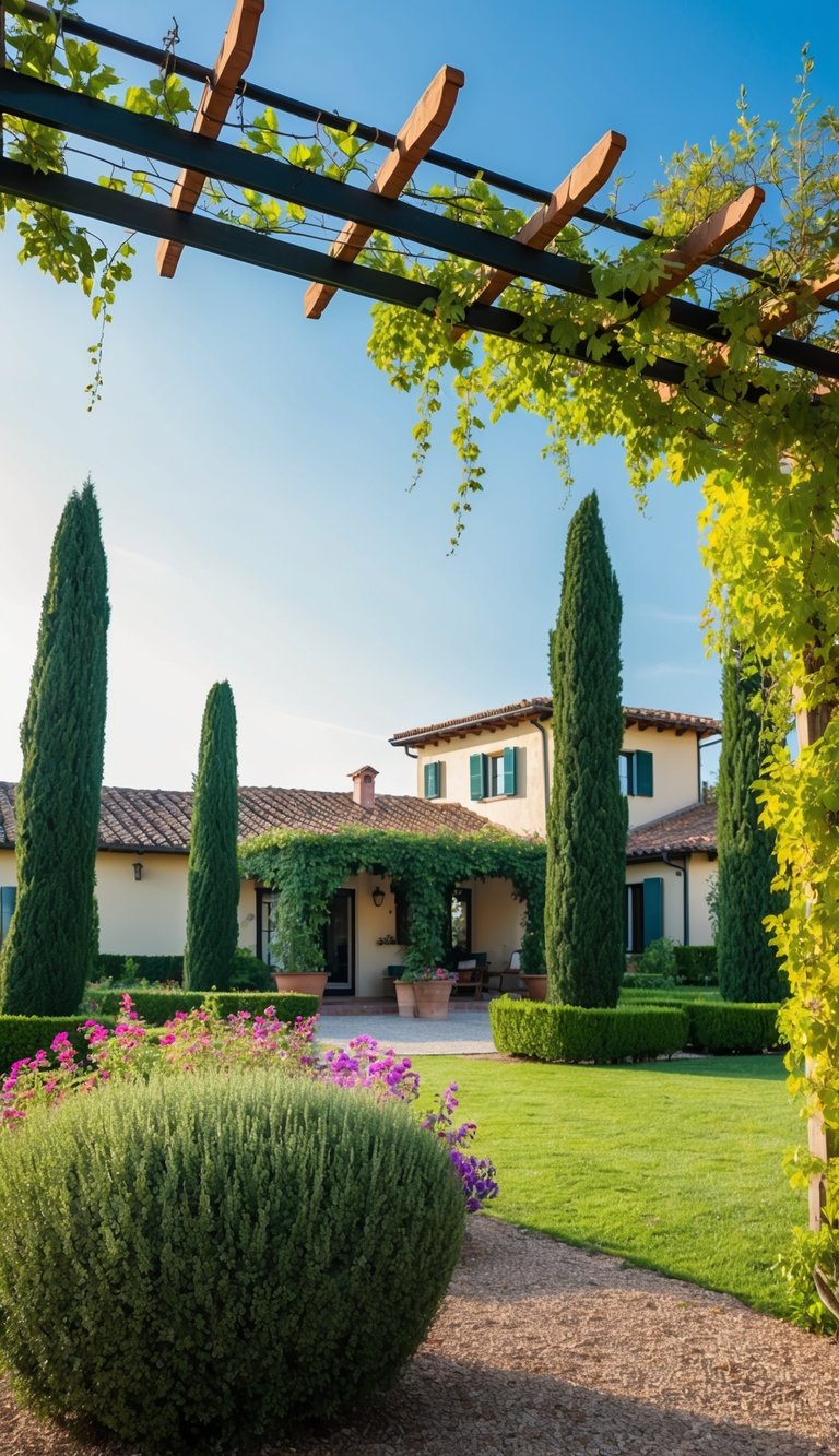 A charming Italian villa with terracotta roof, vine-covered pergola, and lush landscaping of cypress trees and colorful flowers