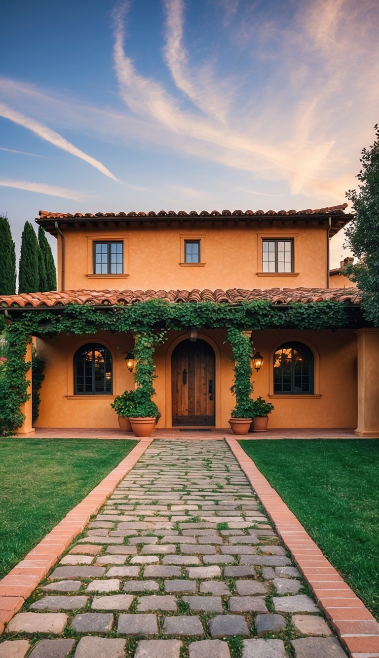 A Tuscan-style Italian house with terracotta roof, vine-covered walls, and a cobblestone pathway leading to a rustic wooden door