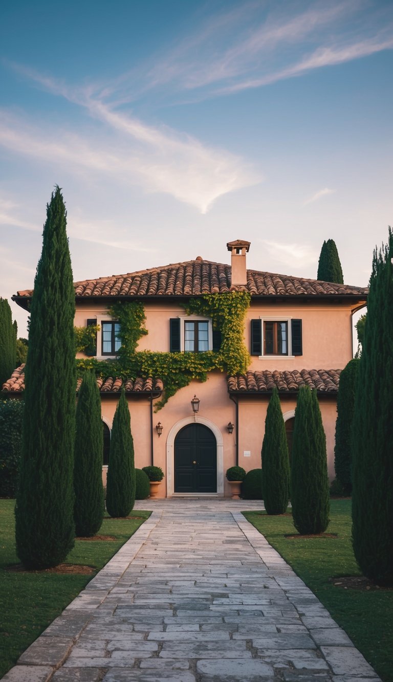 An Italian villa with terracotta roof, climbing vines, and shuttered windows, surrounded by cypress trees and a stone pathway