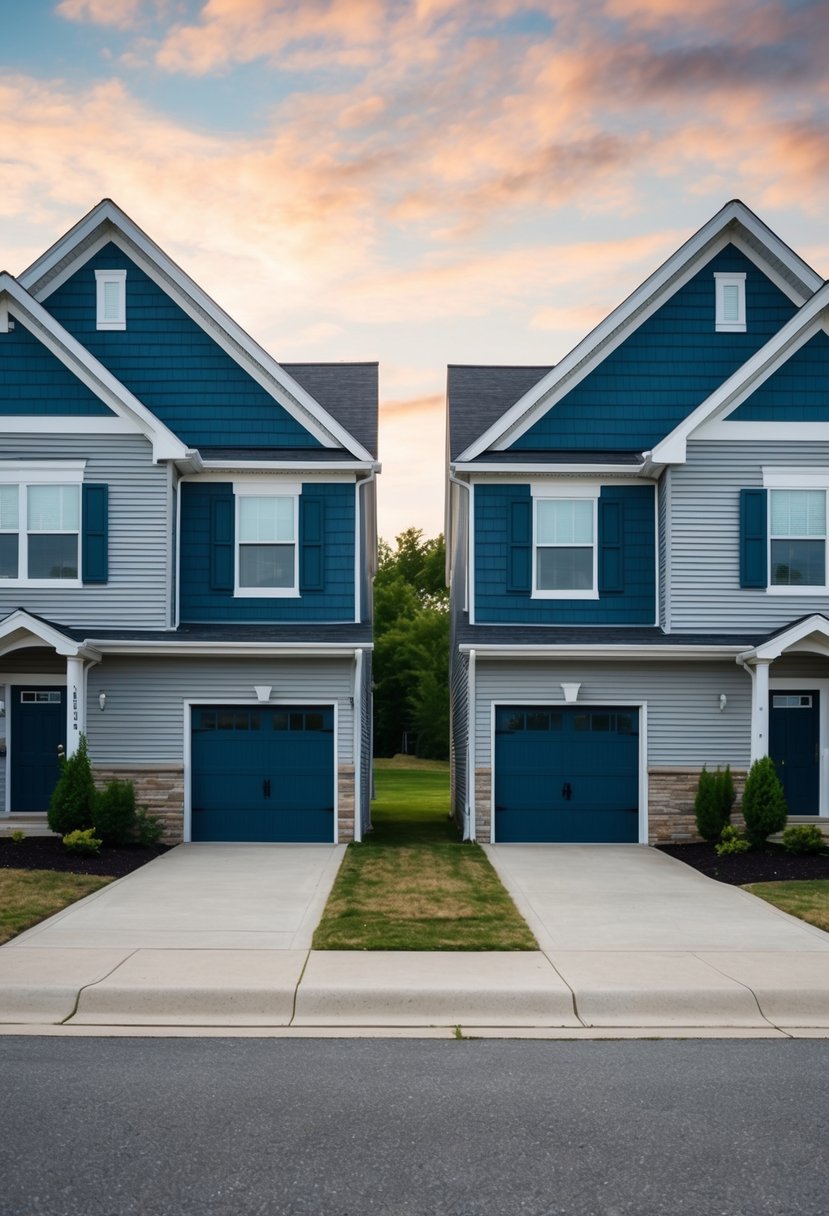 27 Modern Duplex Houses That Maximize Space and Style (Guide to Design and Investment) 1 Two identical duplex houses with sloped roofs and a shared driveway