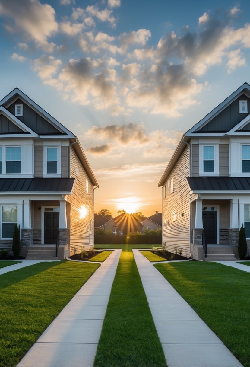 27 Modern Duplex Houses That Maximize Space and Style (Guide to Design and Investment) 2 Two identical duplex houses sit side by side, each with a unique roofline. The sun sets behind them, casting long shadows across the neatly manicured lawn