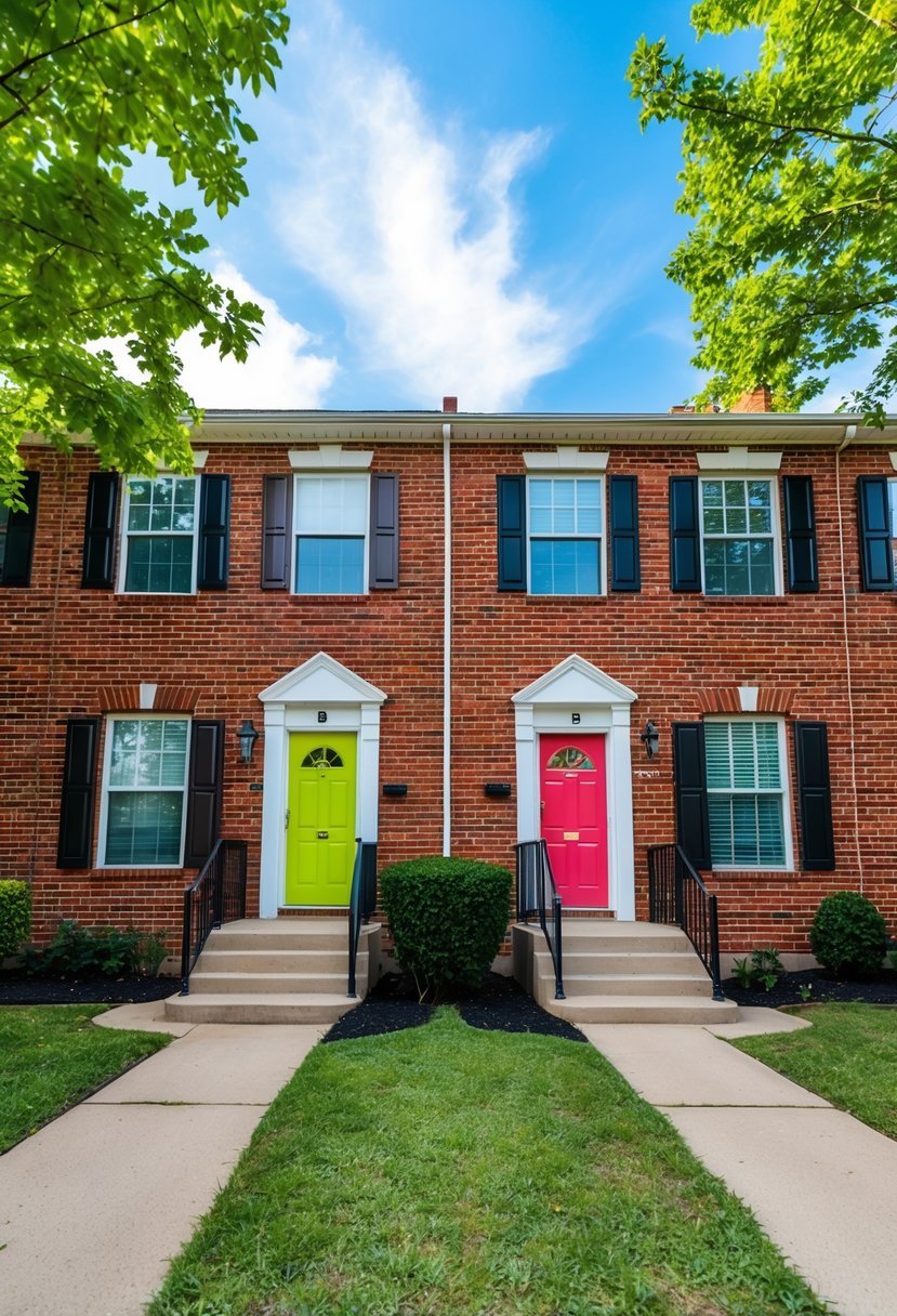 27 Modern Duplex Houses That Maximize Space and Style (Guide to Design and Investment) 3 Two identical brick duplex houses with colorful front doors and matching windows sit side by side, surrounded by lush green trees and a clear blue sky above