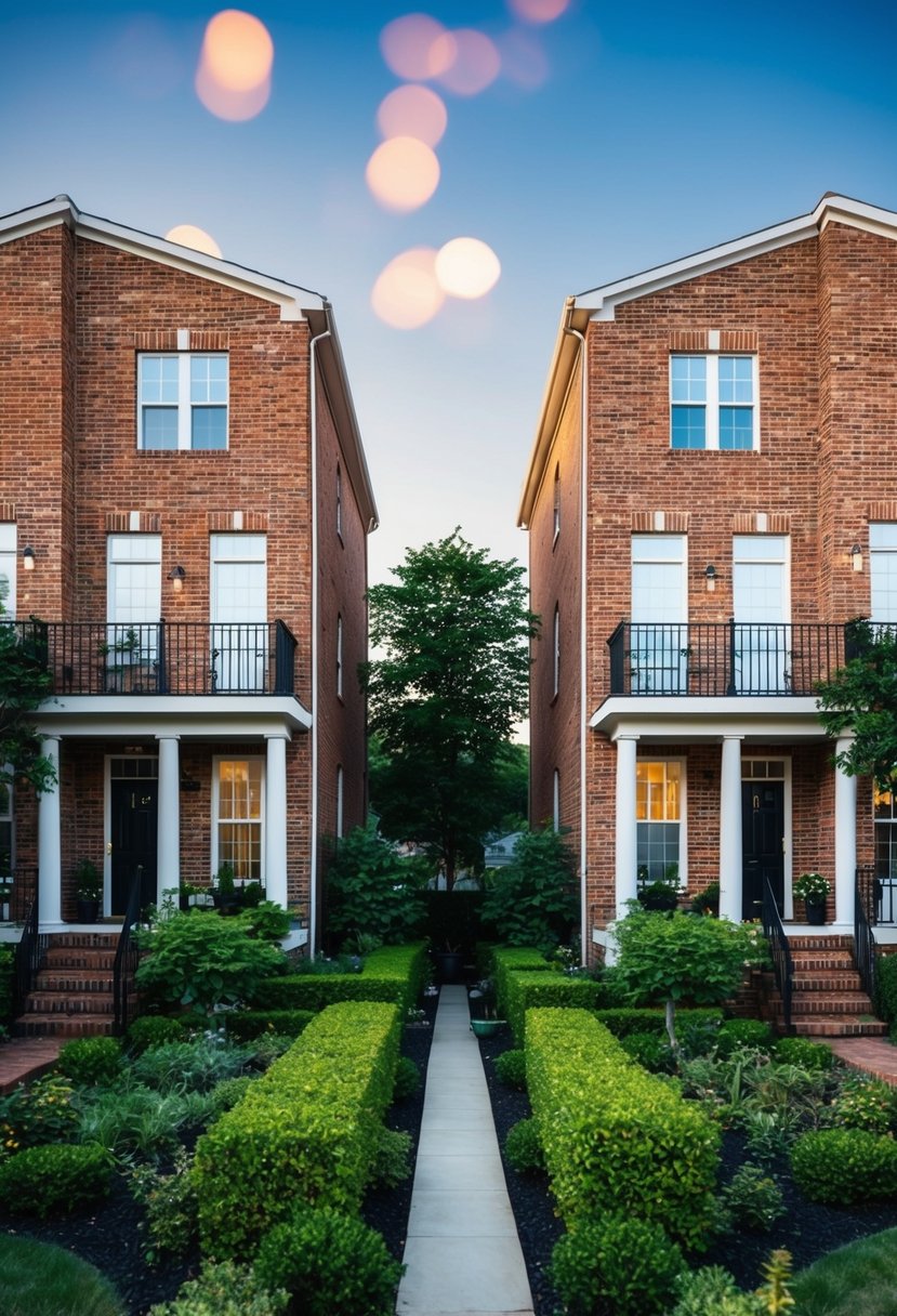 27 Modern Duplex Houses That Maximize Space and Style (Guide to Design and Investment) 4 Two identical brick duplex houses with terraces and lush gardens