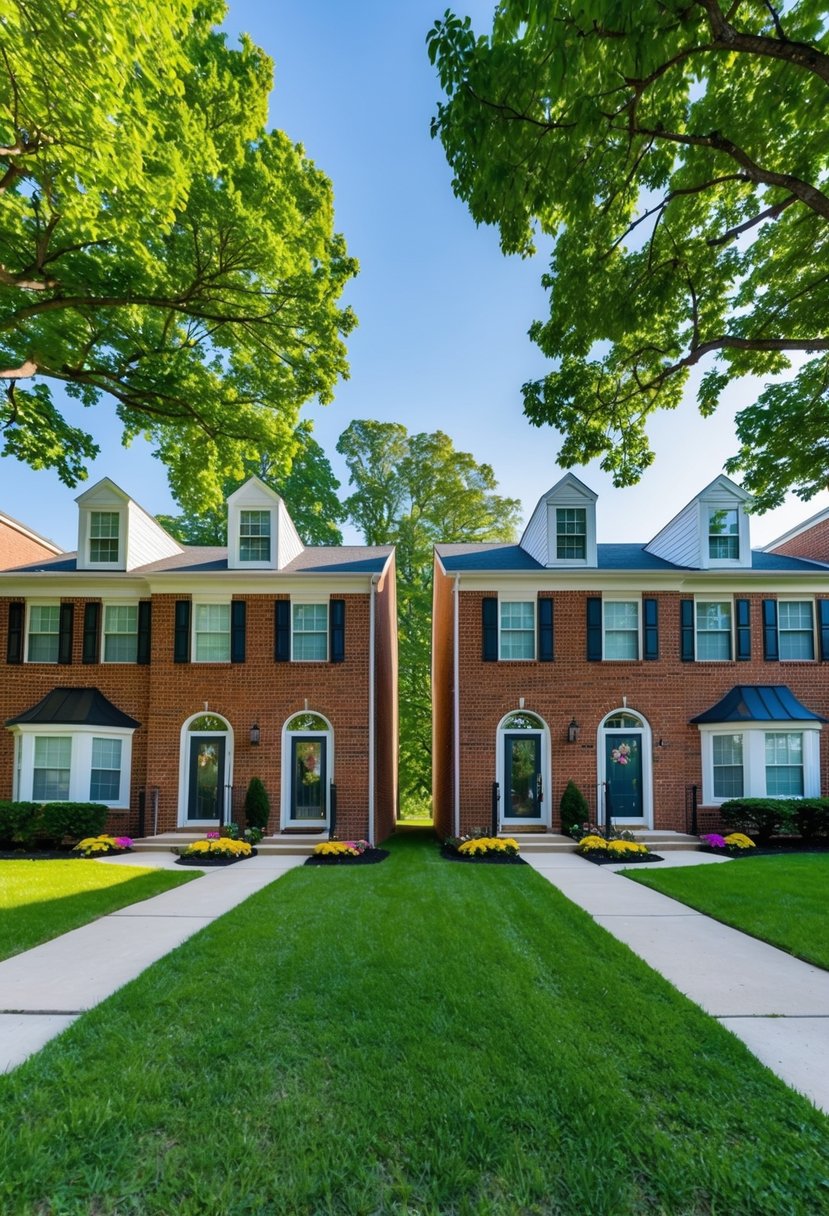 27 Modern Duplex Houses That Maximize Space and Style (Guide to Design and Investment) 5 Two identical brick duplex houses with lush green lawns and colorful flower beds in front. Tall trees provide shade, and a clear blue sky serves as the backdrop