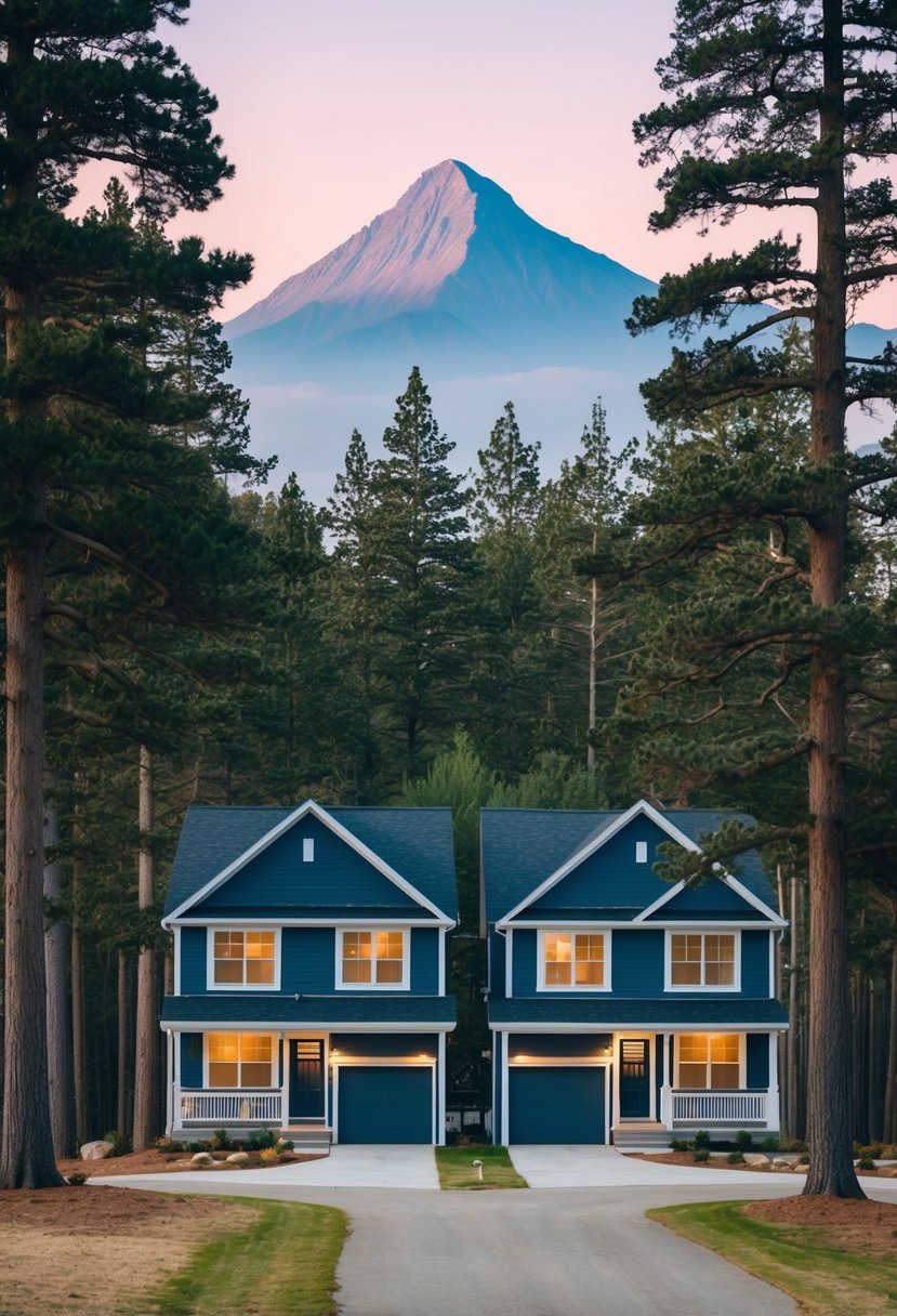 27 Modern Duplex Houses That Maximize Space and Style (Guide to Design and Investment) 6 Two identical duplex houses nestled among tall trees with a backdrop of a serene mountain peak