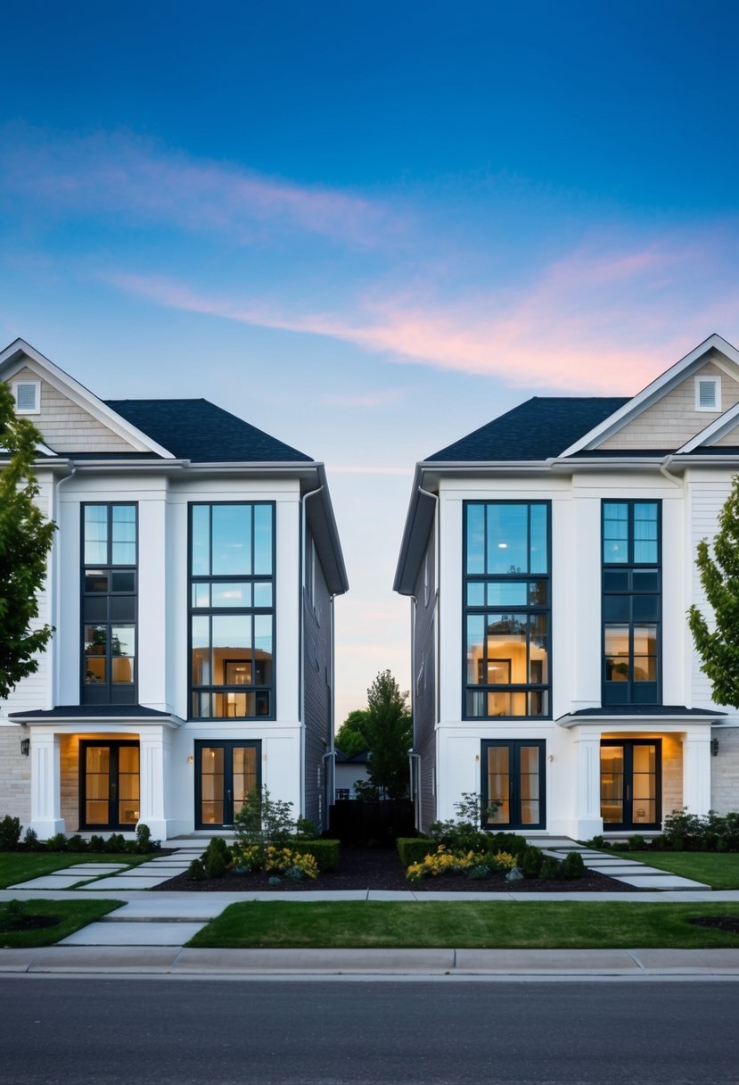 27 Modern Duplex Houses That Maximize Space and Style (Guide to Design and Investment) 8 Two identical grand duplex houses with large glass windows and modern architecture sit side by side in a luxurious suburban neighborhood