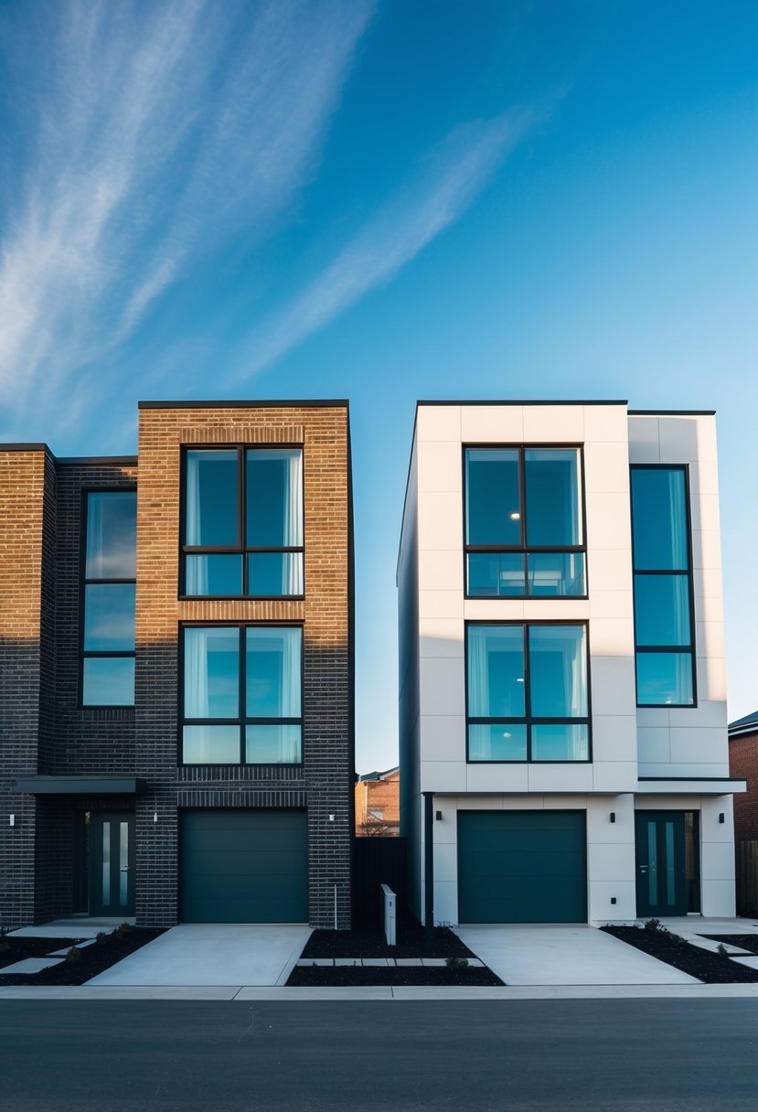 27 Modern Duplex Houses That Maximize Space and Style (Guide to Design and Investment) 10 Two modern duplex houses, one brick and the other blissful, stand side by side under a clear blue sky