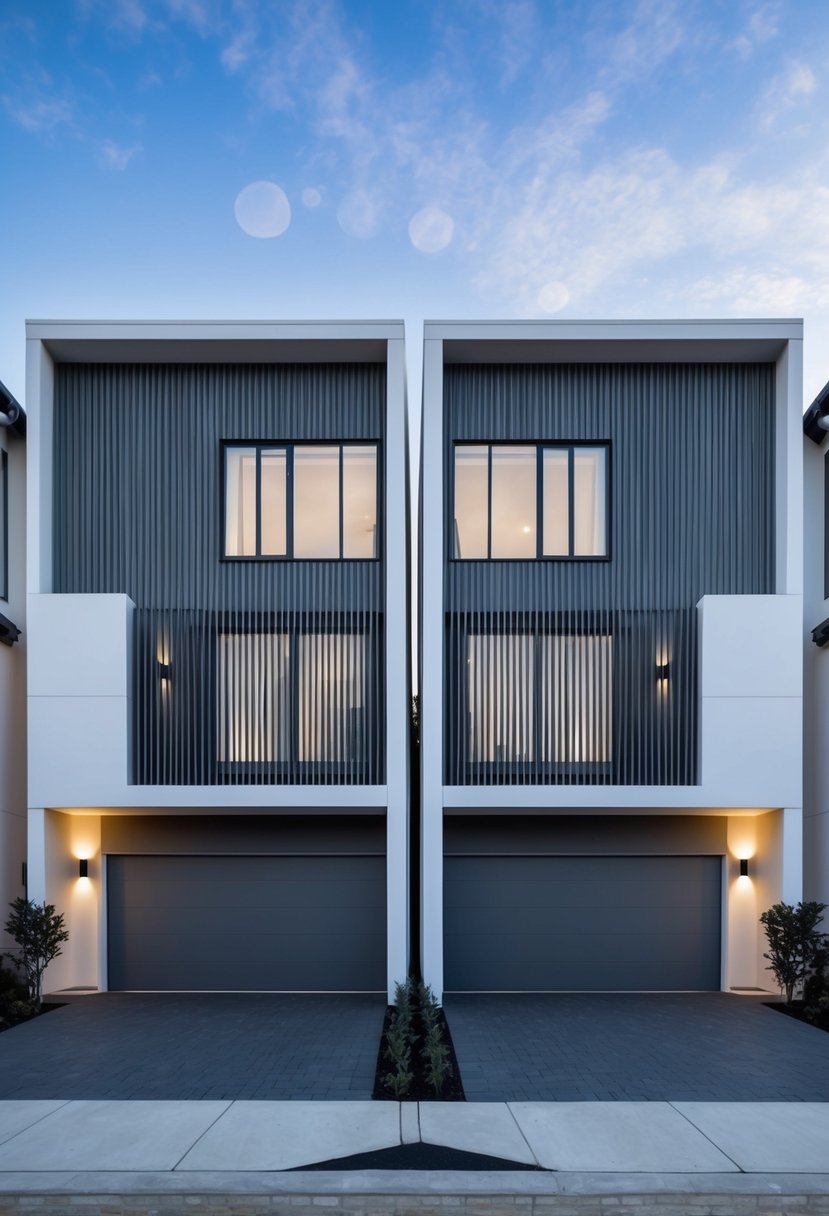 27 Modern Duplex Houses That Maximize Space and Style (Guide to Design and Investment) 11 Two sleek, identical duplex houses with modern design and clean lines stand side by side, exuding elegance and simplicity