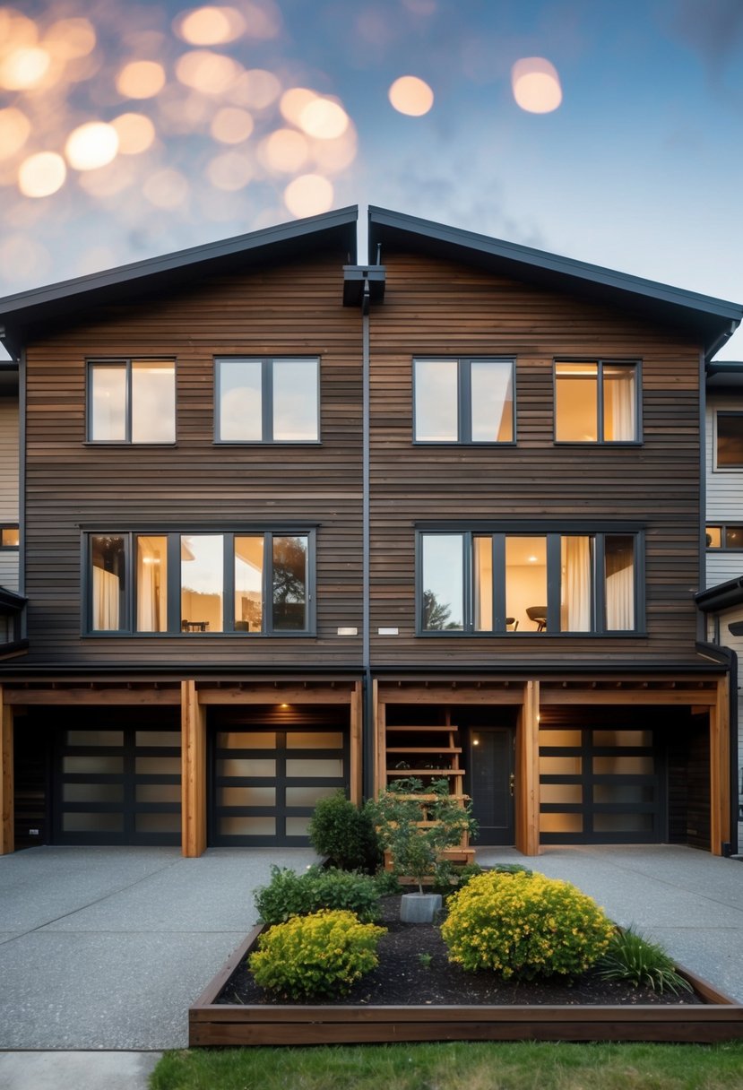 27 Modern Duplex Houses That Maximize Space and Style (Guide to Design and Investment) 12 Two timber duplex houses nestled closely together, each with its own unique charm and character