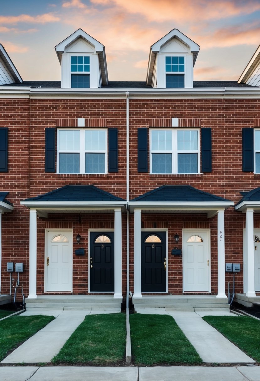 27 Modern Duplex Houses That Maximize Space and Style (Guide to Design and Investment) 16 Two identical duplex houses with red brick exteriors stand side by side, each with a small front yard and a matching set of windows and doors