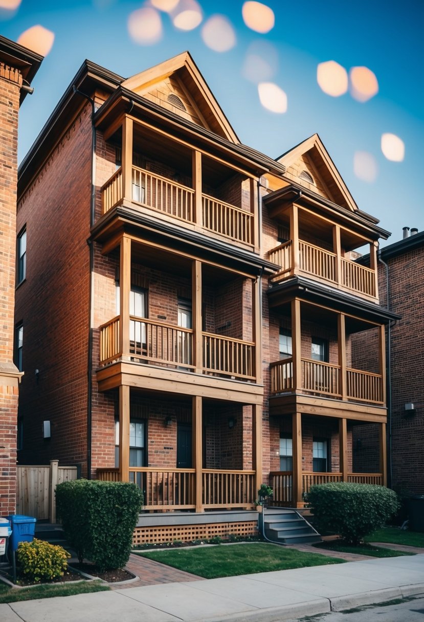 27 Modern Duplex Houses That Maximize Space and Style (Guide to Design and Investment) 17 A charming duplex with wooden balconies and brick facades nestled in a cozy neighborhood