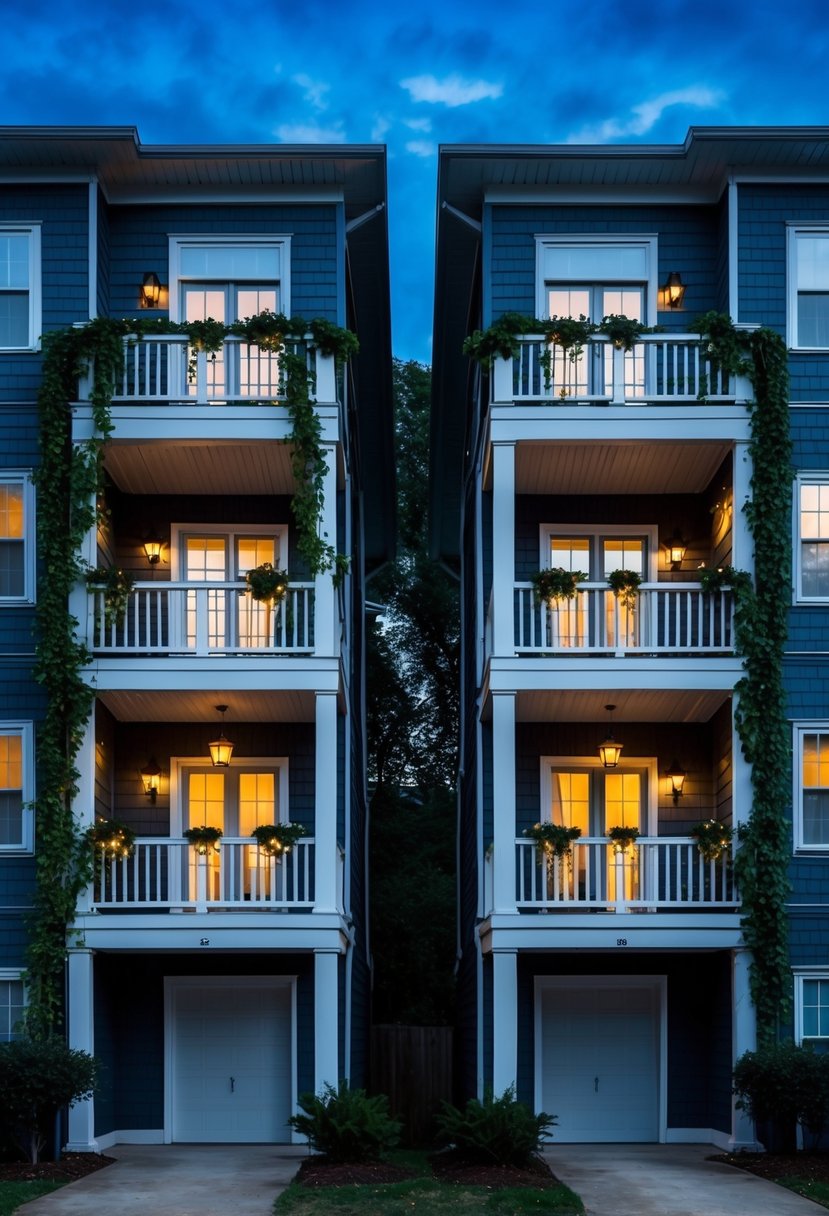 27 Modern Duplex Houses That Maximize Space and Style (Guide to Design and Investment) 18 Two identical duplex houses stand side by side, each with a double-decked balcony adorned with twining ivy and glowing lanterns