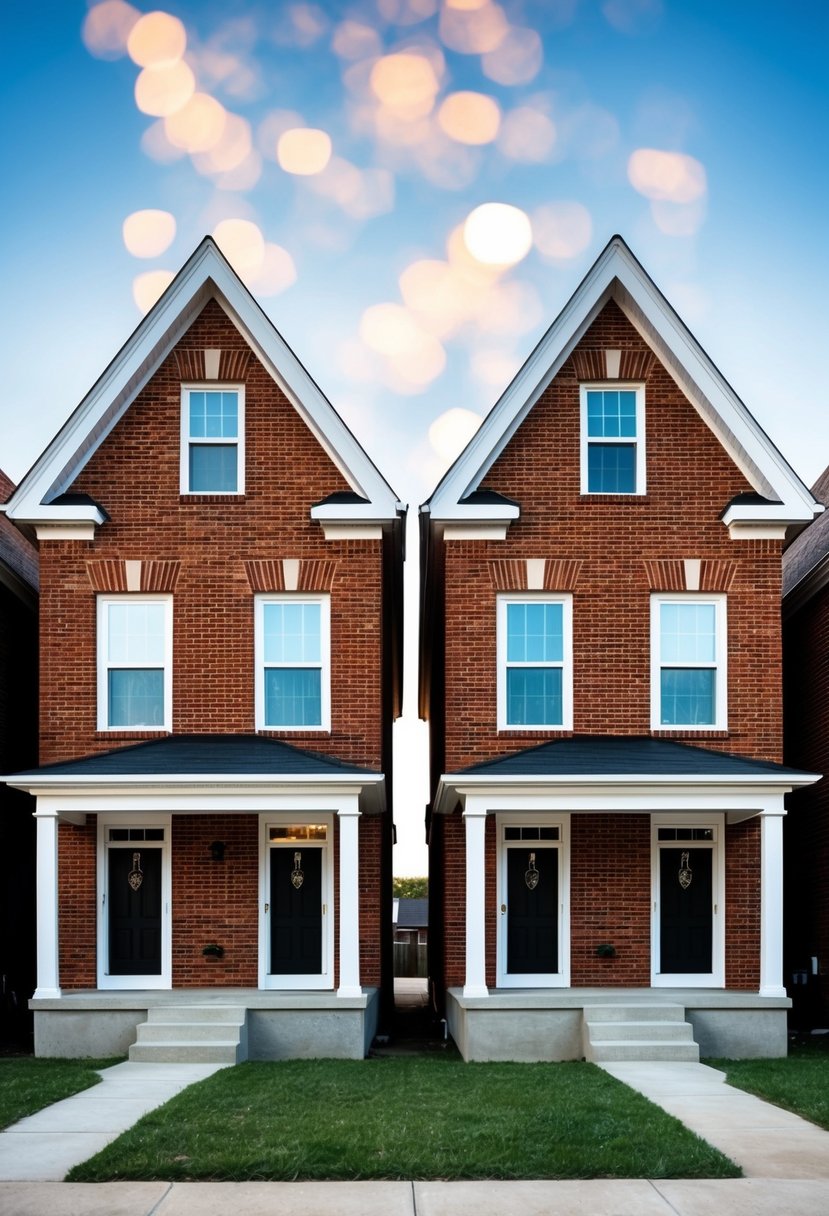 27 Modern Duplex Houses That Maximize Space and Style (Guide to Design and Investment) 19 Two identical triangular duplex houses stand side by side, made of red bricks with white trim. Each has a steeply pitched roof and a small front porch