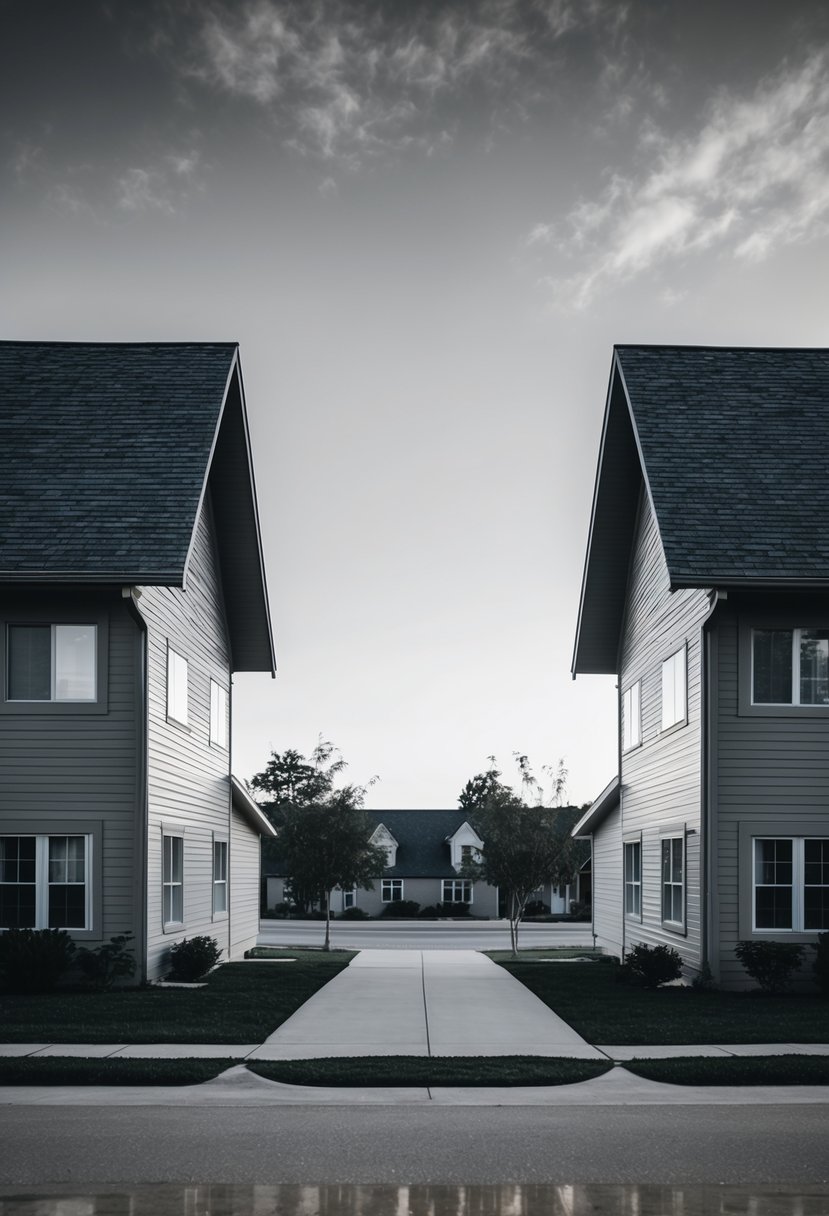 27 Modern Duplex Houses That Maximize Space and Style (Guide to Design and Investment) 20 Two identical duplex houses with sloping roofs face each other, appearing to sway in unison as if dancing