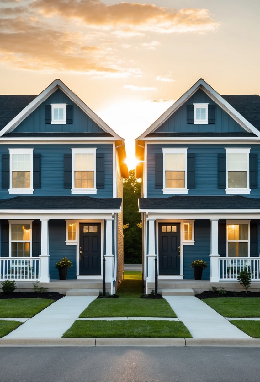27 Modern Duplex Houses That Maximize Space and Style (Guide to Design and Investment) 21 Two identical duplex houses stand side by side, each with a gabled roof and a charming front porch. The sun sets behind them, casting a warm glow on the cheerful exteriors