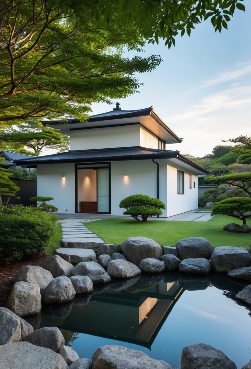 A serene Japanese minimalist house surrounded by a tranquil garden with carefully placed rocks and a small pond