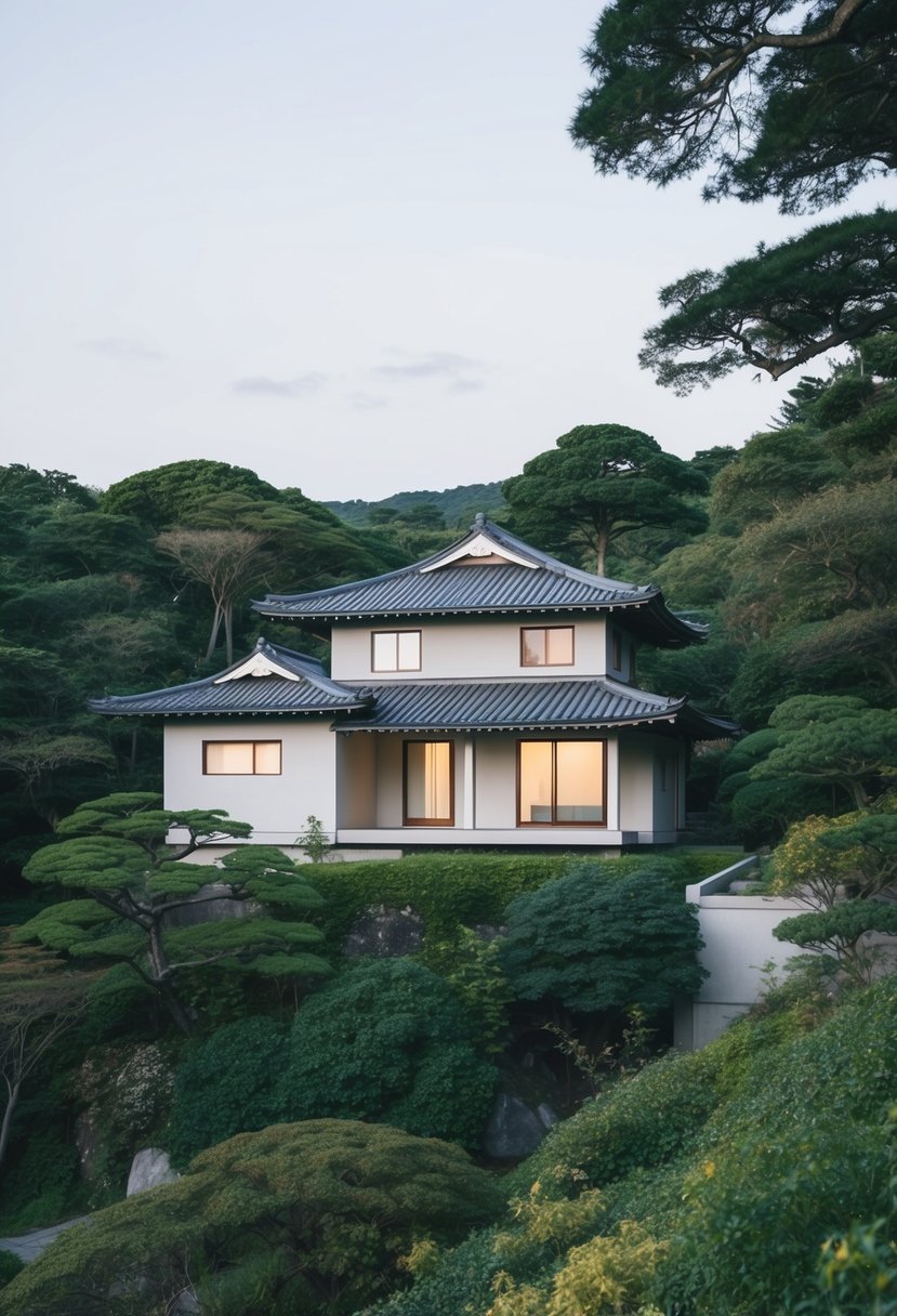 A serene Japanese minimalist house nestled within a lush, natural landscape, featuring clean lines, neutral colors, and traditional architectural elements