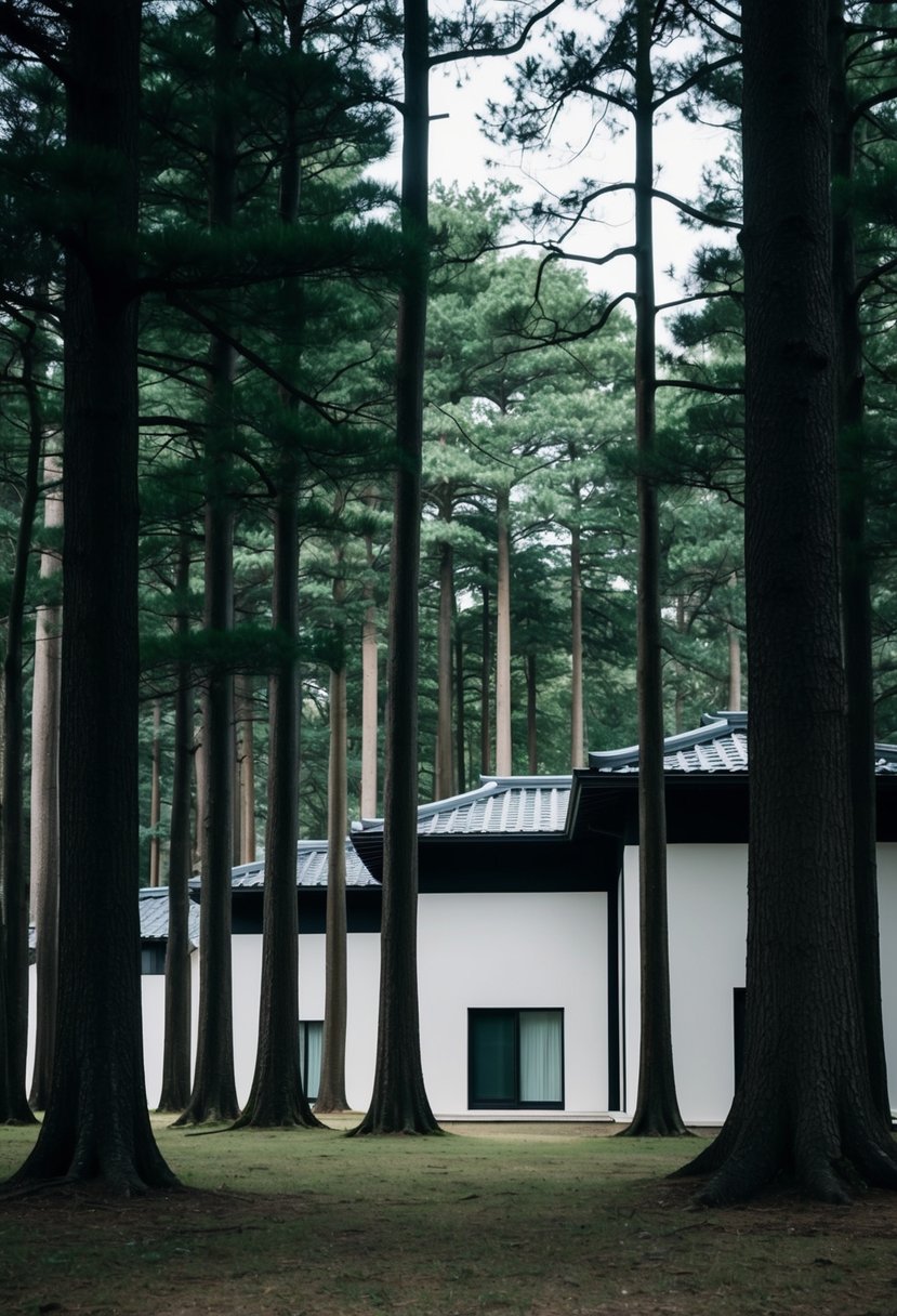 A tranquil forest with Japanese minimalist houses nestled among tall trees and simple, clean lines