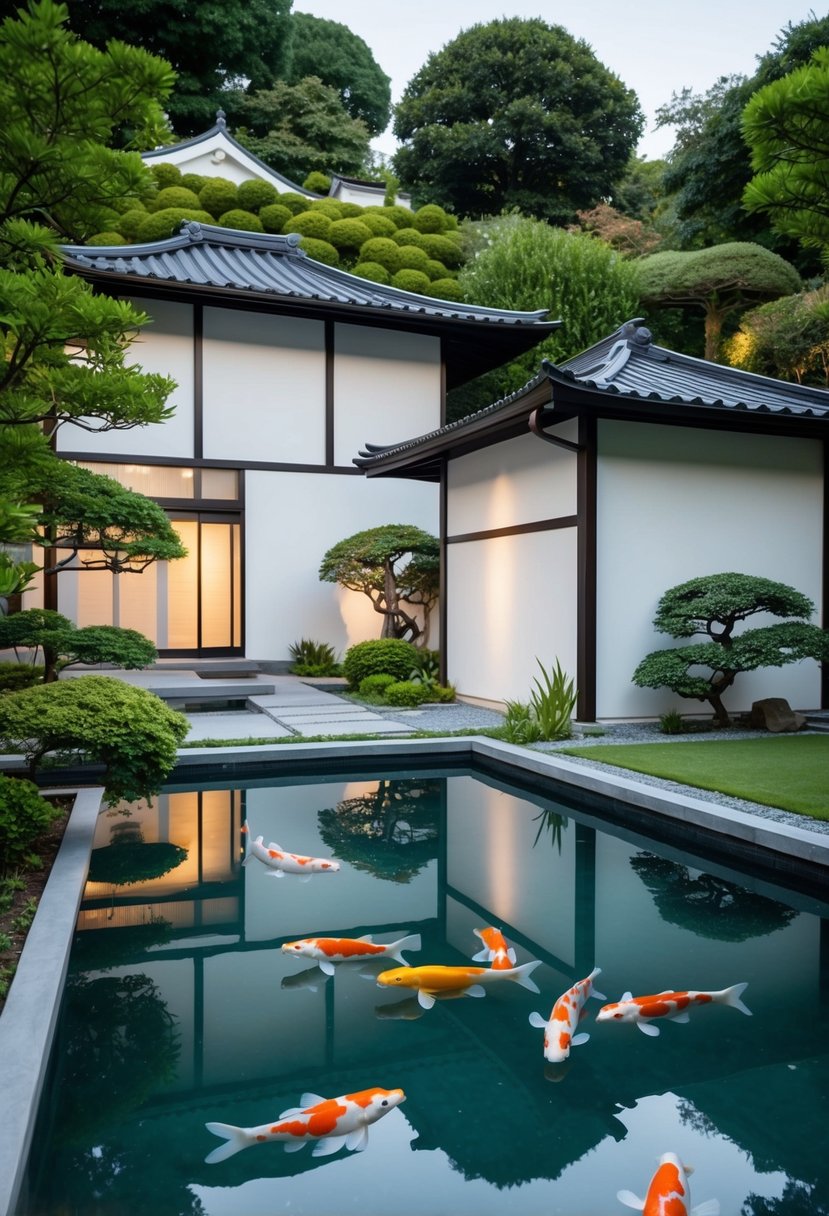 A serene Zen oasis with minimalist Japanese houses surrounded by tranquil gardens and a peaceful koi pond